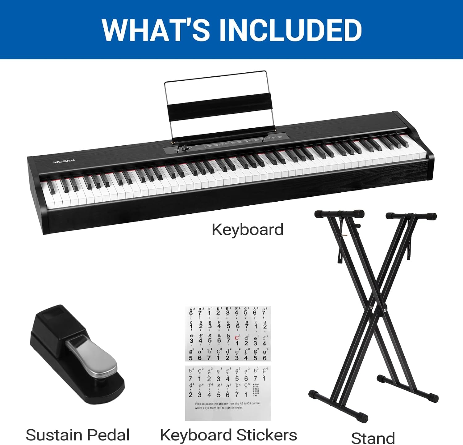 MOSEN Digital Piano 88-Key Weighted Keyboard with Hammer Action, Portable Electric Piano Set with X Stand, Recording Headphone Mode, Sustain Pedal, Music Rest, Dual Keyboard for Beginner, MDP-80D