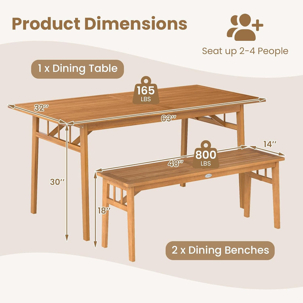 Tangkula 3 Pieces Patio Dining Set, Acacia Wood Space Saving Outdoor Rectangular Picnic Table with 1.97' Umbrella Hole and 2 Benches, for Yard, Garden and Poolside