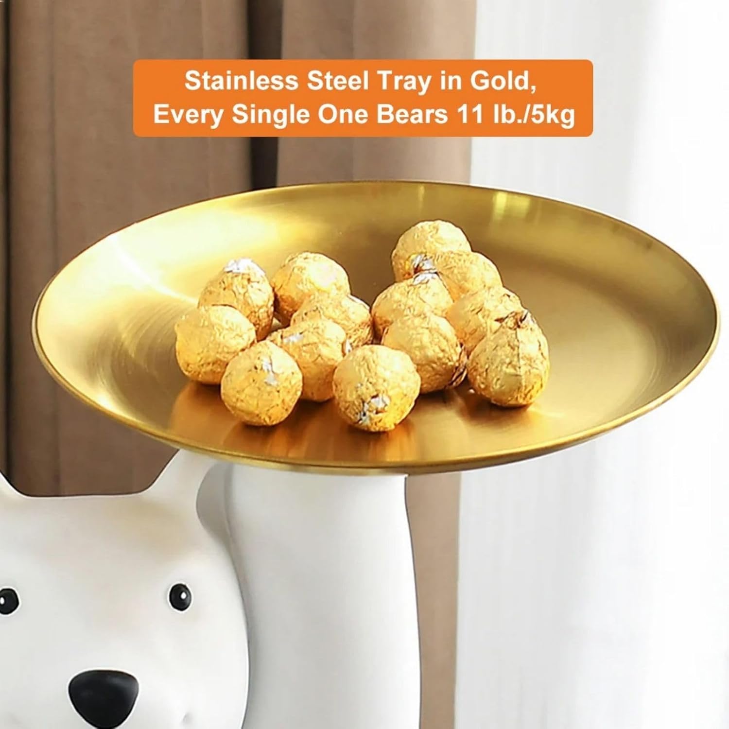 homary White Bear Side Table with 2-Tier Gold Trays, Modern Animal Sculpture End Table, Decorative Accent Table for Living Room, Bedroom, Nursery & Home Décor