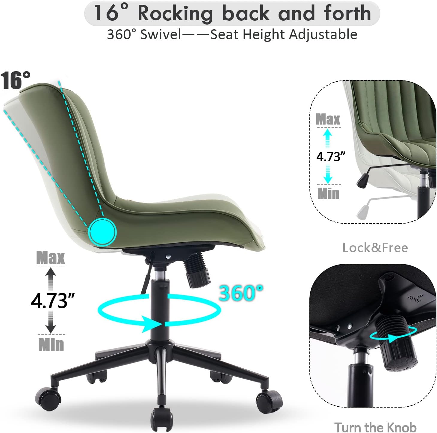 YOUNIKE Olive Green Office Desk Chair with Wheels Armless Compact Comfy Vanity Chair with Adjustable Back Modern Small Faux Leather Upholstered Swivel Cute Rolling Computer Task Chair No Arms