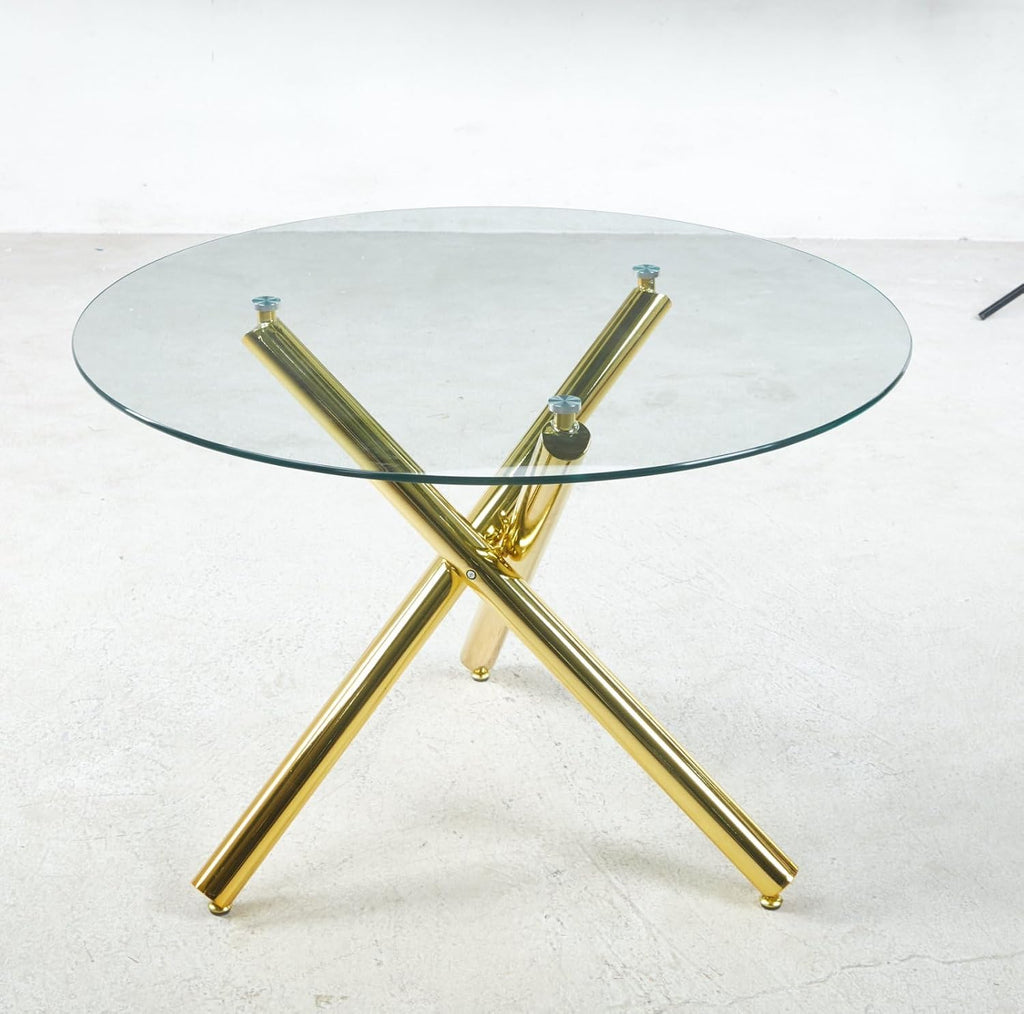 Round Glass Dining Table,Glass Dining Room Table with Metal Legs, Modern Style Glass Kitchen Table for Home, Kitchen, Dining Room