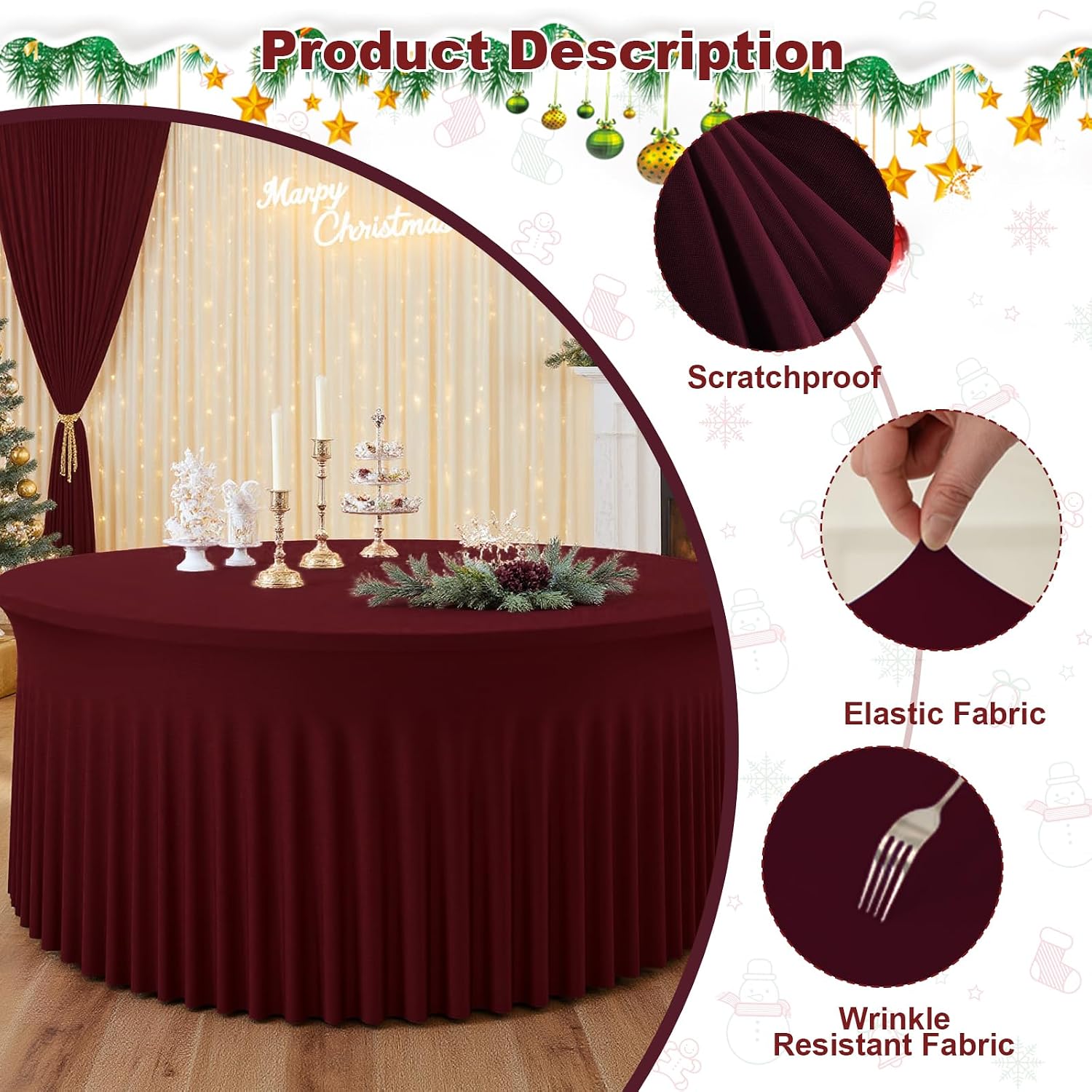 12 Pack Burgundy Round Tablecloth with Skirt, 60 Inch Elastic Fitted Table Cover for 5FT Tables, Wrinkle-Resistant & Washable Snug Fit for Christmas, Thanksgiving, Holiday Dinners & Parties