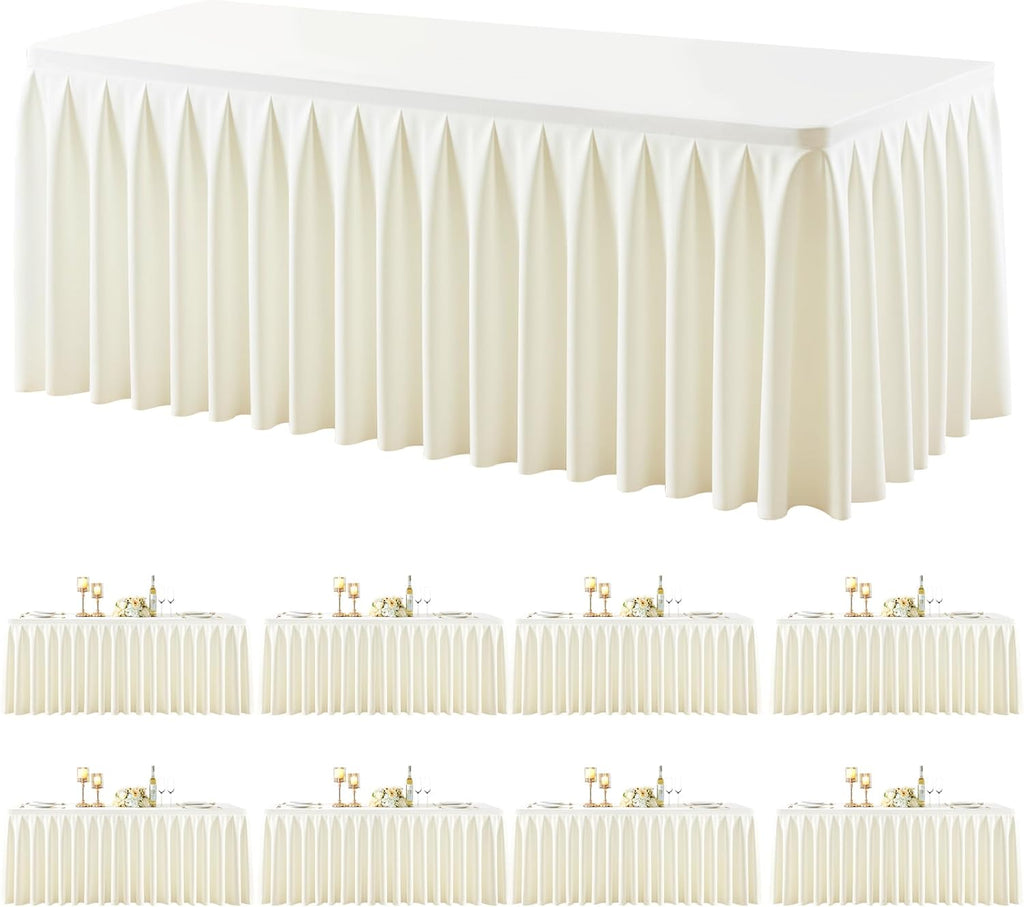 8 Pack Ivory Rectangle Tablecloth 6 FT Stretch Spandex Fitted Table Cloth for 6 Foot Rectangle Tables Banquet Tablecloths Wrinkle Free Table Cover Skirt Ruffle Tablecloth for Party Wedding Birthday