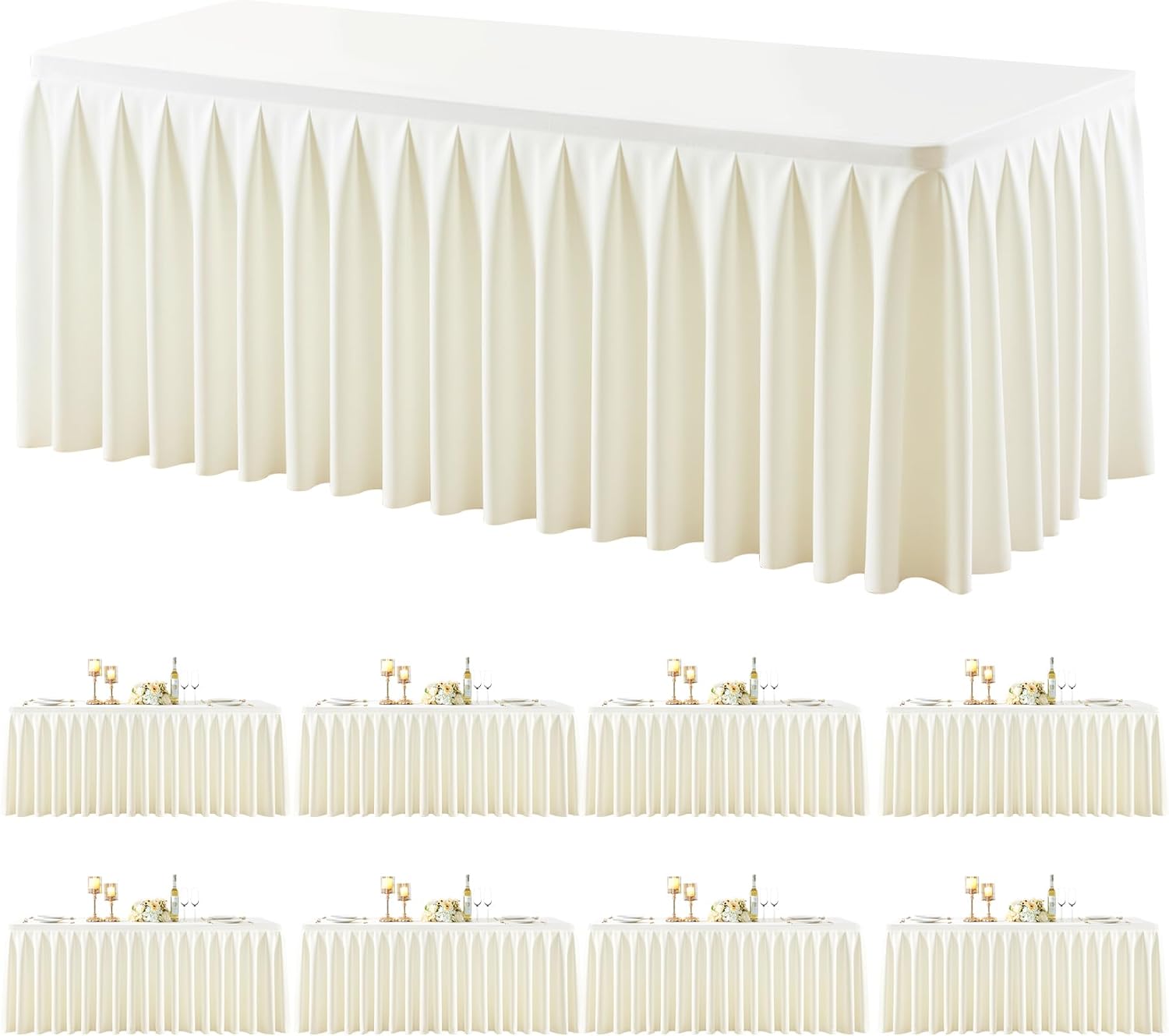8 Pack Ivory Rectangle Tablecloth 6 FT Stretch Spandex Fitted Table Cloth for 6 Foot Rectangle Tables Banquet Tablecloths Wrinkle Free Table Cover Skirt Ruffle Tablecloth for Party Wedding Birthday