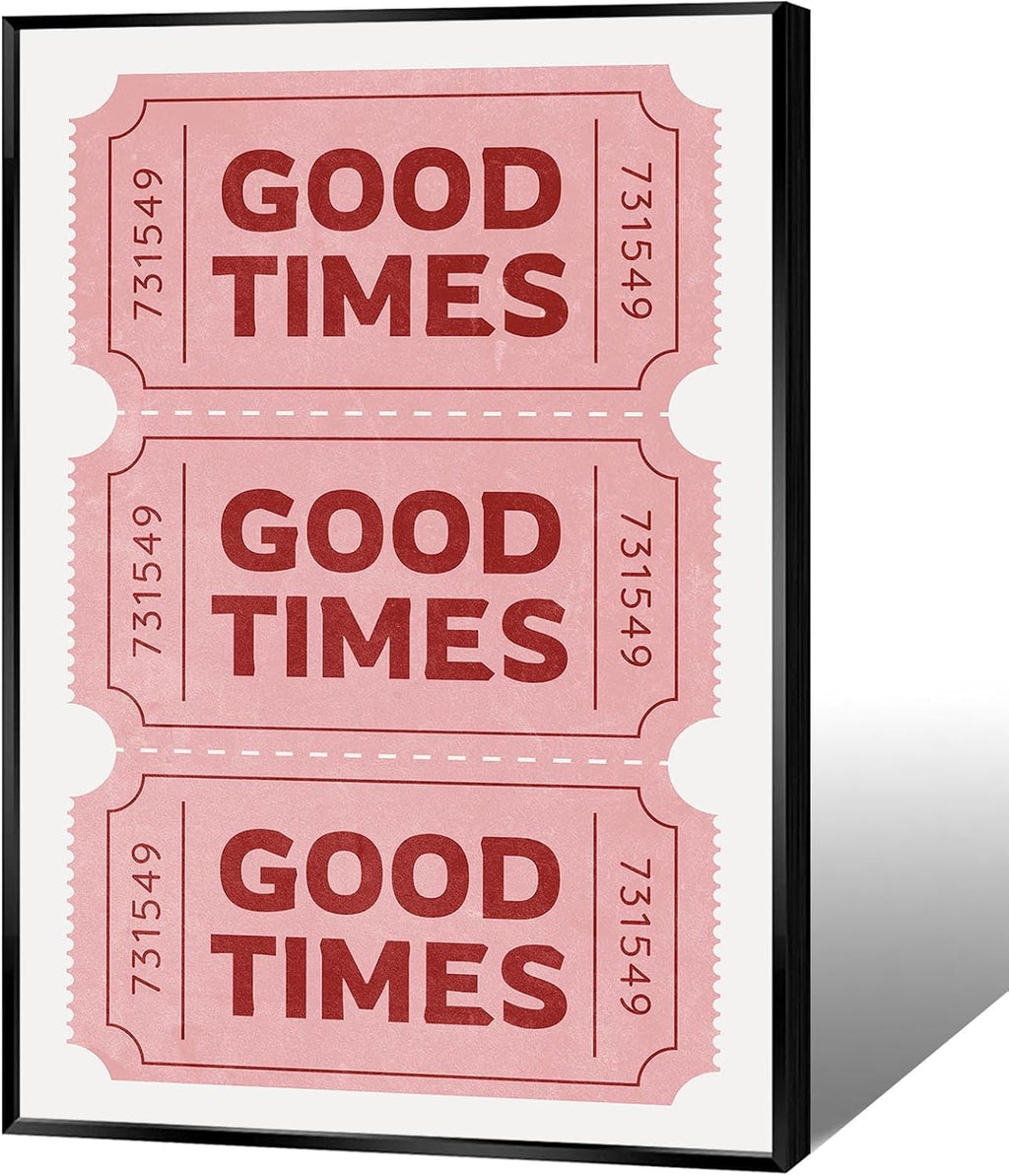 Vintage Pink Good Times Ticket Print Red Retro Pink Room Aesthetic Bathroom Canvas Wall Art Poster Trendy Pink White Pictures Ticket Wall Art For College Dorm Apartment Decor 24x36in Framed