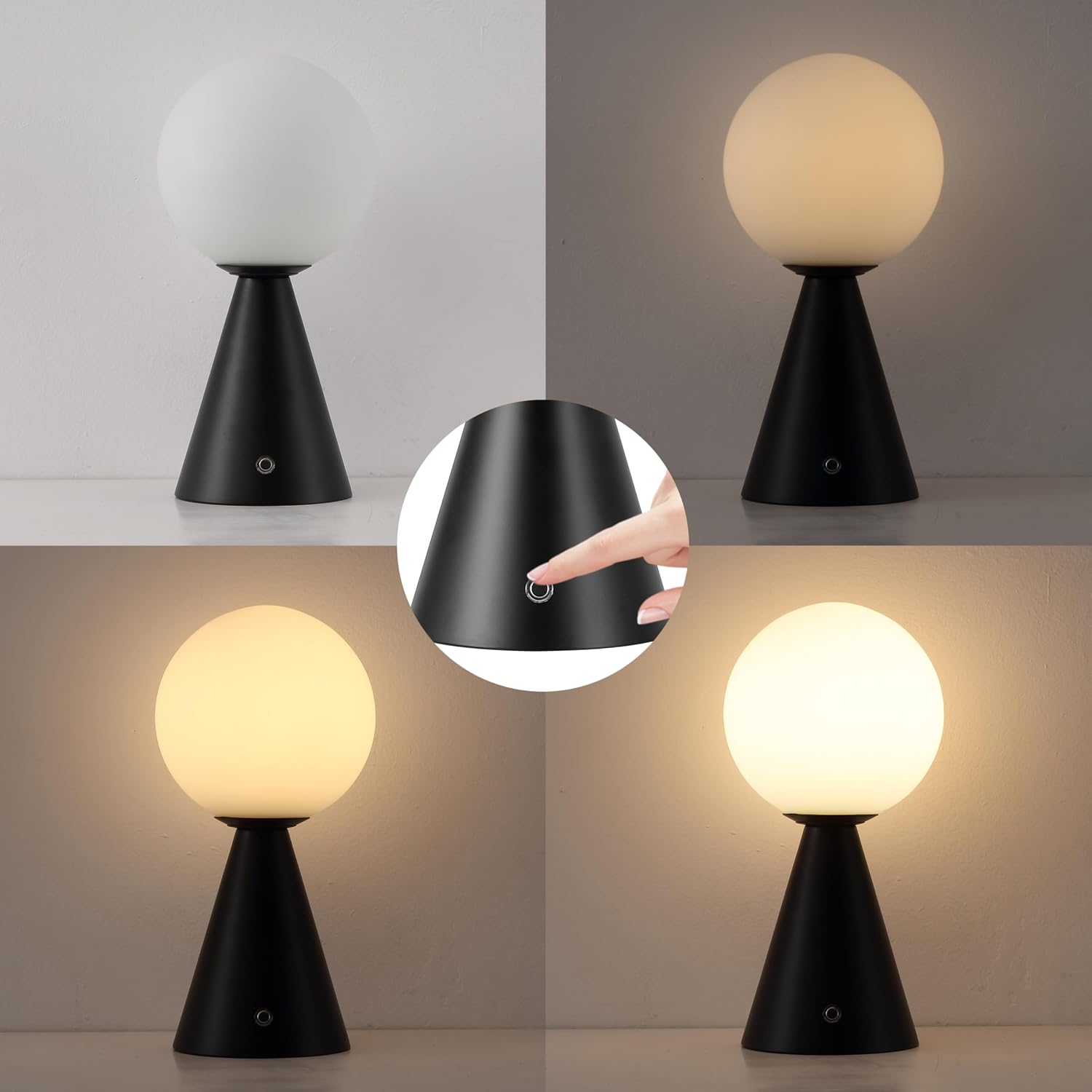 JONATHAN Y 11.75' Black Macie Modern Globe Cordless Table Lamp Set of 2, Rechargeable Dimmable Integrated LED Touch Sensor Bedside Lamp, White Frosted Glass Shade (JYL7159B-SET2)