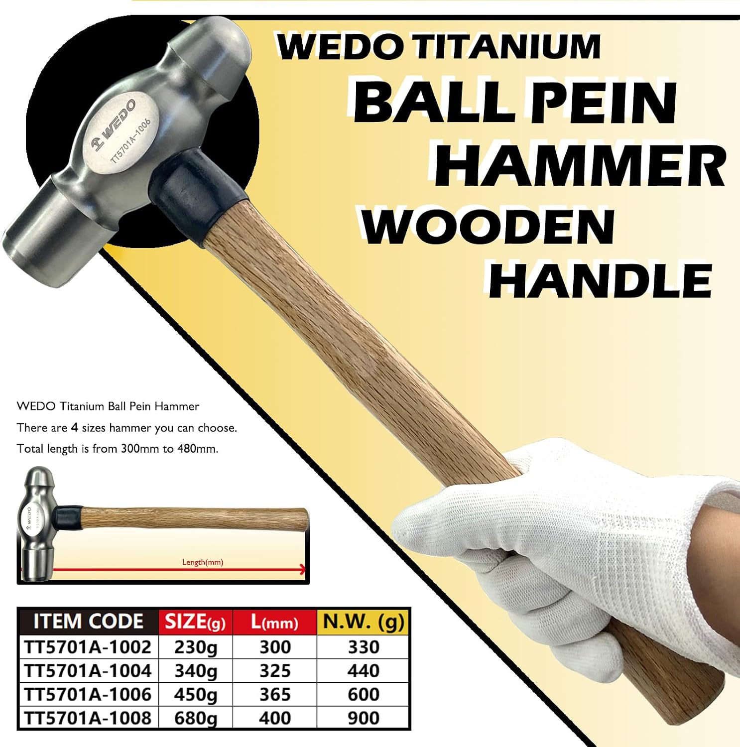 WEDO Titanium Ball Peen Hammer,12oz Ball Pein Hammer with Wooden handle,Non-magnetic,Light Weight,Corrosion Resistant,Length 325mm,Rust-proof,One-time Die-forged