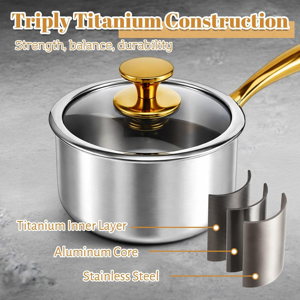 LemonRoad 2 Pieces Titanium Cookware Set, 7.68'' and 9.45'' Pots and Pans with Lids Triply Titanium No Coat Technology Safe for Oven, Induction and Cook Tops, Dishwasher Safe (Saucepans)