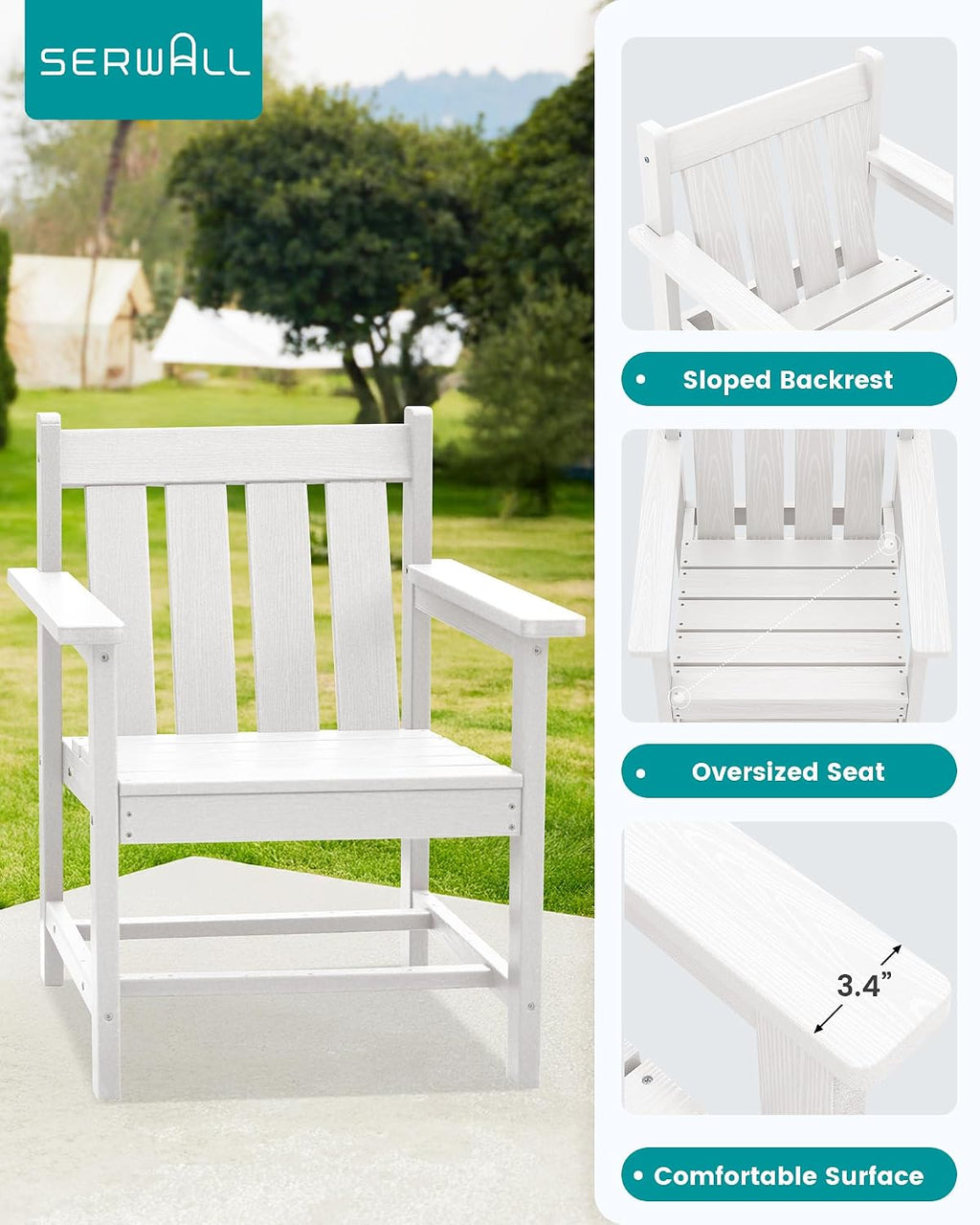 SEWRWALL 3 Pieces Patio Bistro Set, All Weather Adirondack Chair Set with Side Table, HDPE Material Outdoor Patio Furniture Set for Balcony, Porch, Garden, Backyard- White
