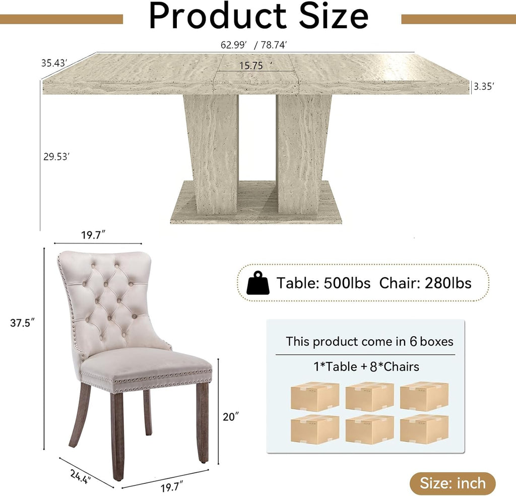 Henf 9 Pieces Extendable Dining Table Set for 8, 63'-79' Faux Mars Kitchen Table Set with 8 Beige Chairs, Faux Marble Expandable Dining Room Tables Set for 8,Modern Dinner Tables Set for 8