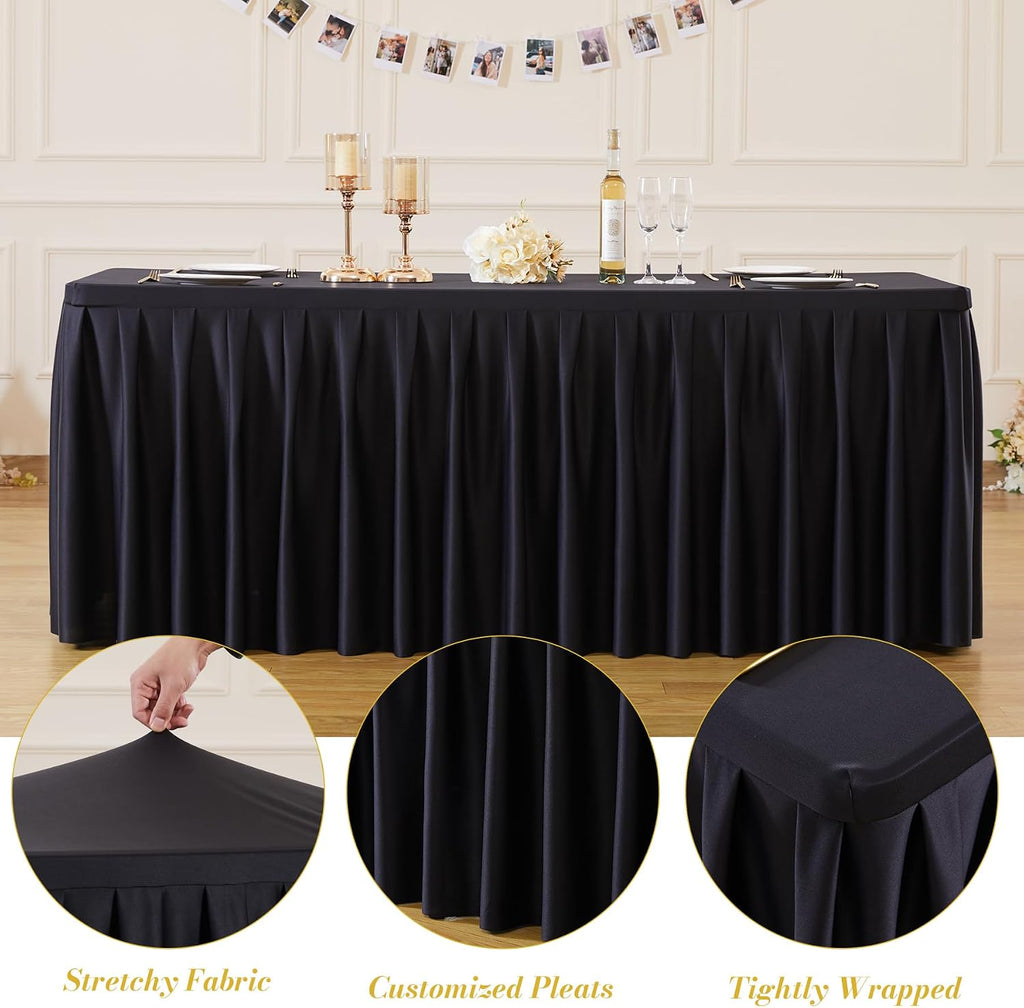 8 Pack Black Rectangle Tablecloth 8 FT Stretch Spandex Fitted Table Cloth for 8 Foot Rectangle Tables Banquet Tablecloths Wrinkle Free Table Cover Skirt Ruffle Tablecloth for Party Wedding Birthday