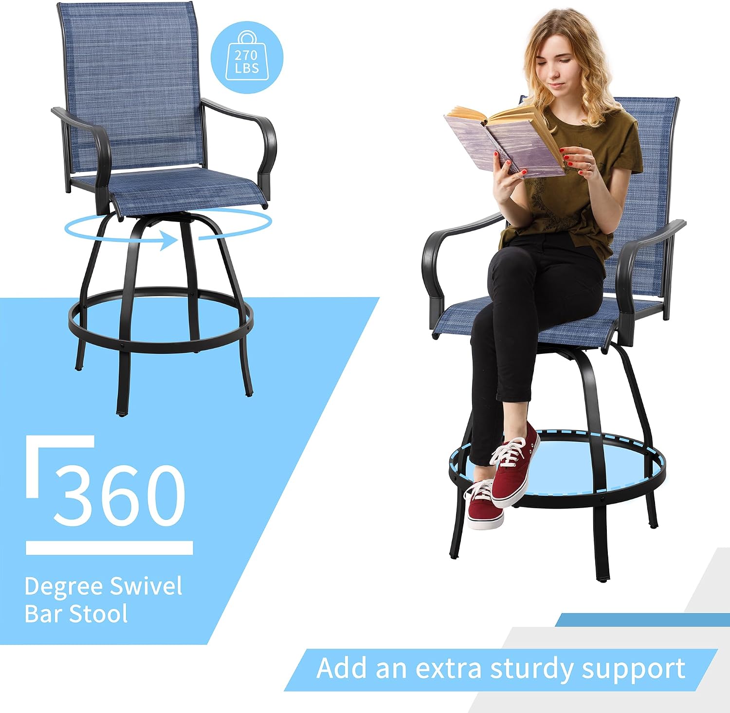 Shintenchi 3 Piece Patio Swivel Bar Stools Set, Outdoor Patio Bar Table and Chairs Set, All Weather Bar Height Chairs Set of 2, High Top Bistro Set Furniture for Balcony, Backyard, Garden, Deep Blue