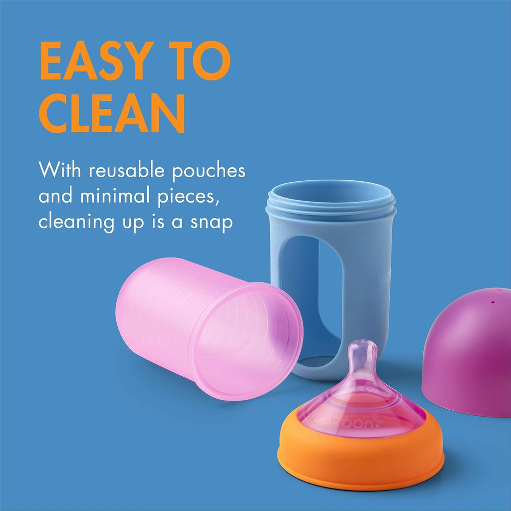 Boon Nursh Bottles - Silicone Baby Bottles Help Ease Colic Symptoms - Reusable Food-Grade Silicone Pouches with Polypropylene Shell - Medium Flow - 8 Oz - Color Block,(Pack of 36)