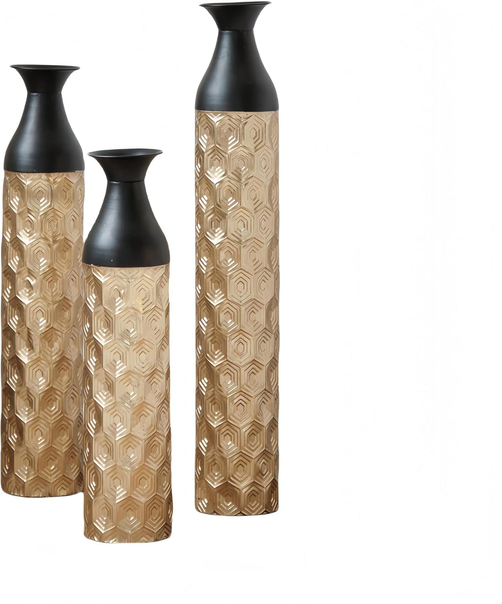 Tall Floor Vases Set of 3, Black and Gold Floral Pattern Metal Standing Vases for Living Room Decor, Decorative Floor Vase for Flowers, Modern Home Decor