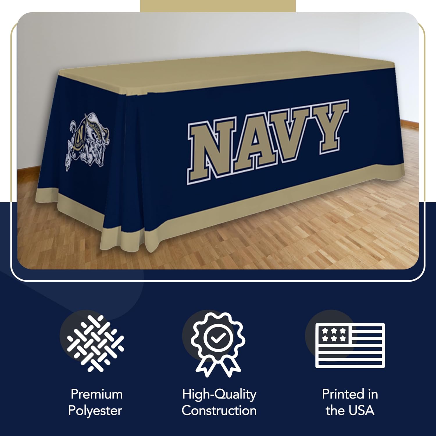 Victory Corps Navy Midshipmen College Sports Printed Table Throw - NCAA Licensed - Polyester - School Tablecloth (6' Draped) (Gold, Navy Blue)