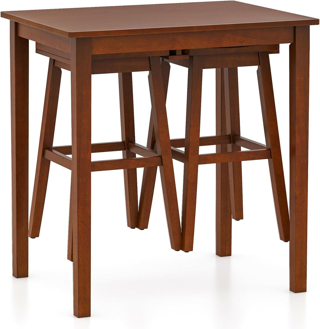 Giantex Bar Table and Chairs Set - 3-Piece Counter Height Dining Table Set with Hangable Bar Stools, Wood Veneered Tabletop, Rubber Wood Legs, Space Saving Dinette Set, Breakfast Nook Table Set, Brown