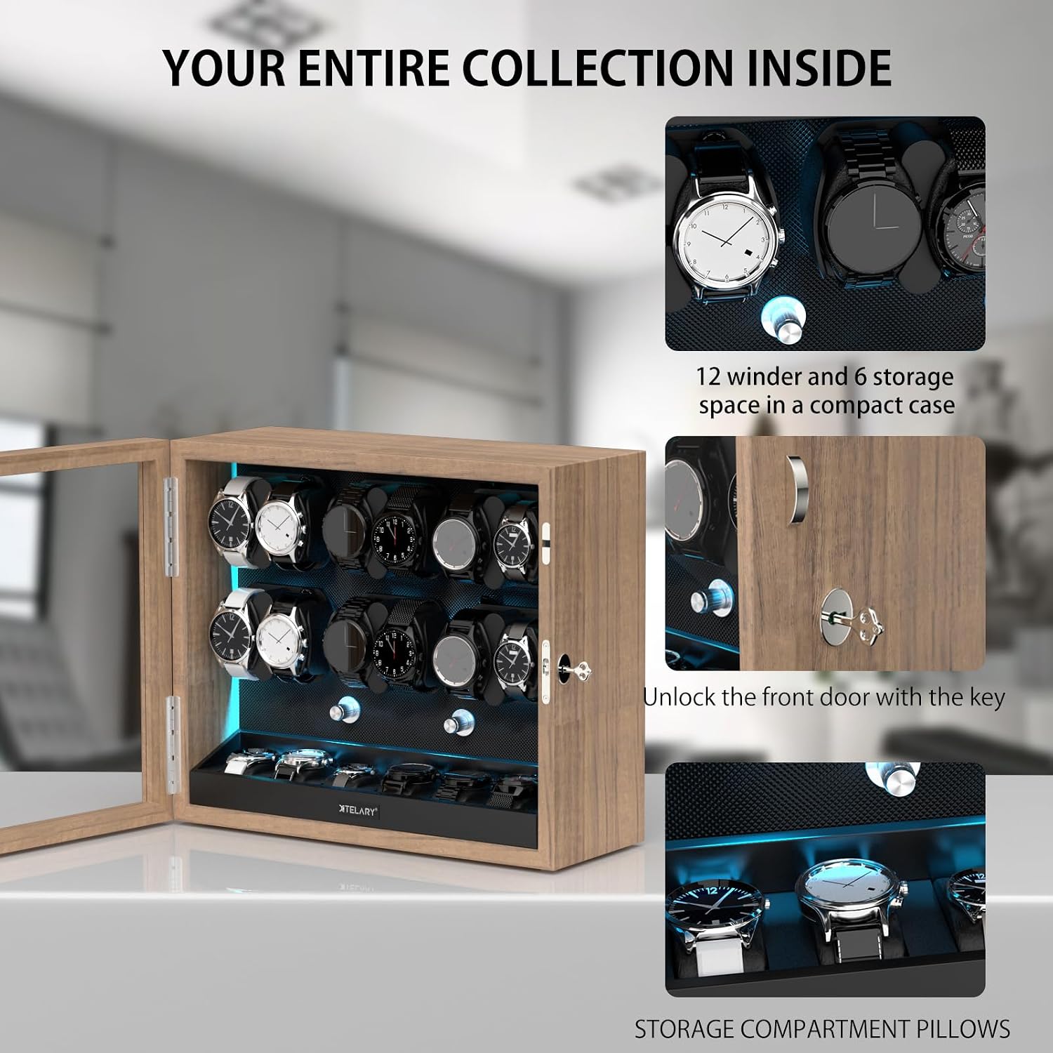 XTELARY Lockable Automatic Watch Winder - 4/6/8/12 Watch Storage, 4 Rotation Modes, Quiet Motor, Backlight