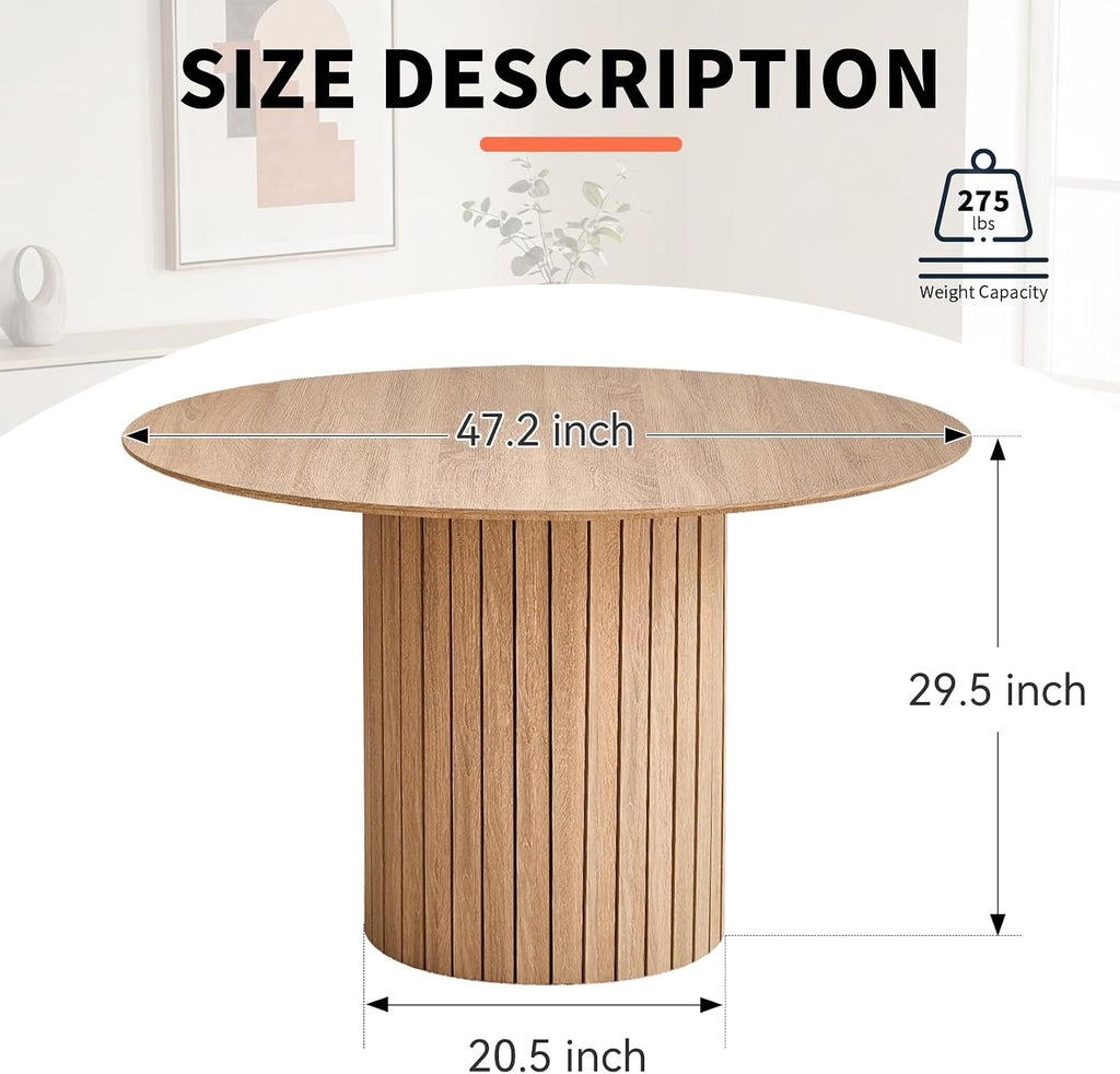 47' Round Dining Table for 4, Farmhouse Kitchen Table [Chamfered Edge Tabletop] Circle Pedestal Dinner Table, φ47.2'x29.5'H, Natural