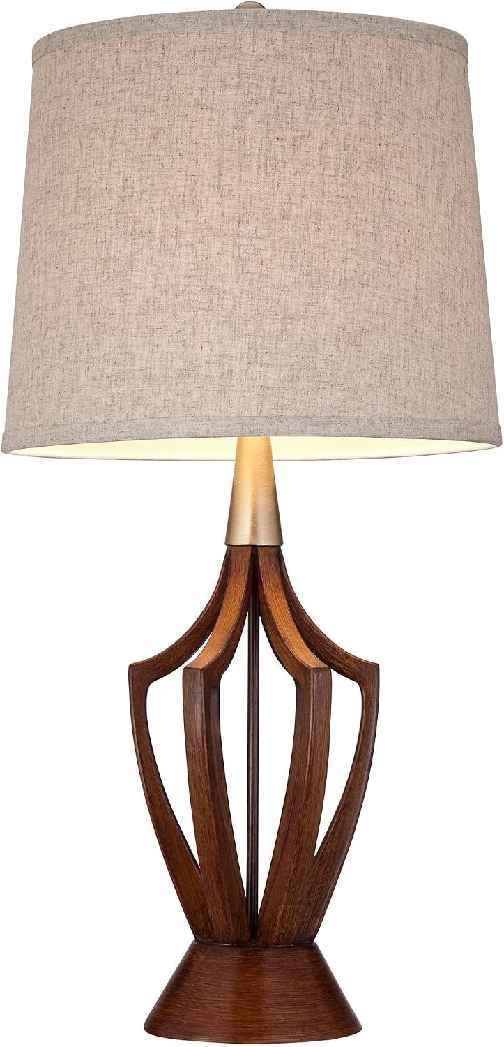 360 Lighting St. Claire 30 3/4' Tall Open Base Large Mid Century Modern End Table Lamps Set of 2 Wood Finish Fabric Shade Living Room Bedroom Bedside Nightstand House Office Home Reading Kitchen