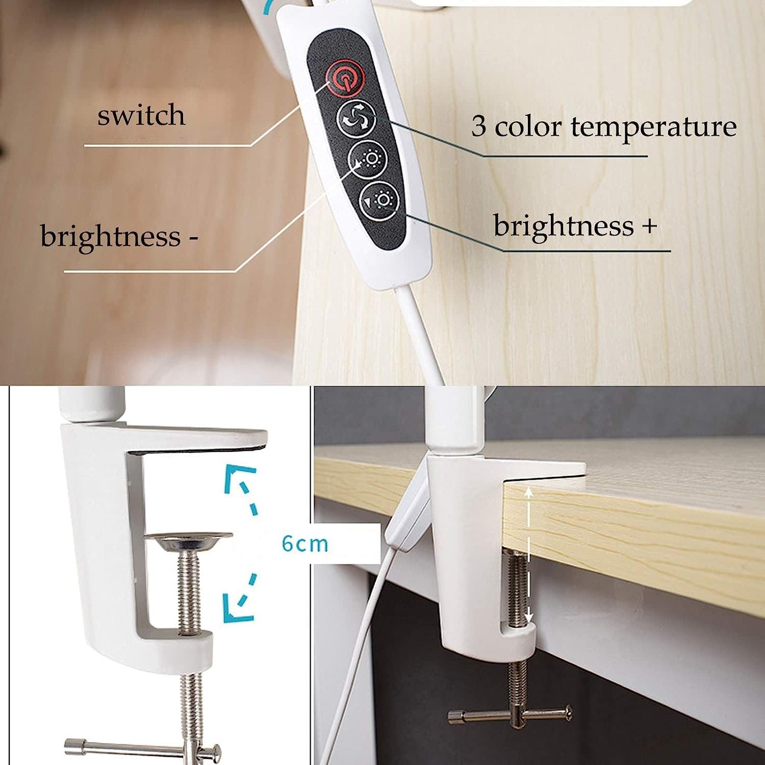 Desk Lamps 10W with Clamp, 64 LEDs Eye-Care Reading Light Dimmable, Flexible Swing Arm Architect Lamp for Reading, Working, Office, with Memory Function, with Switch, USB Cable, White