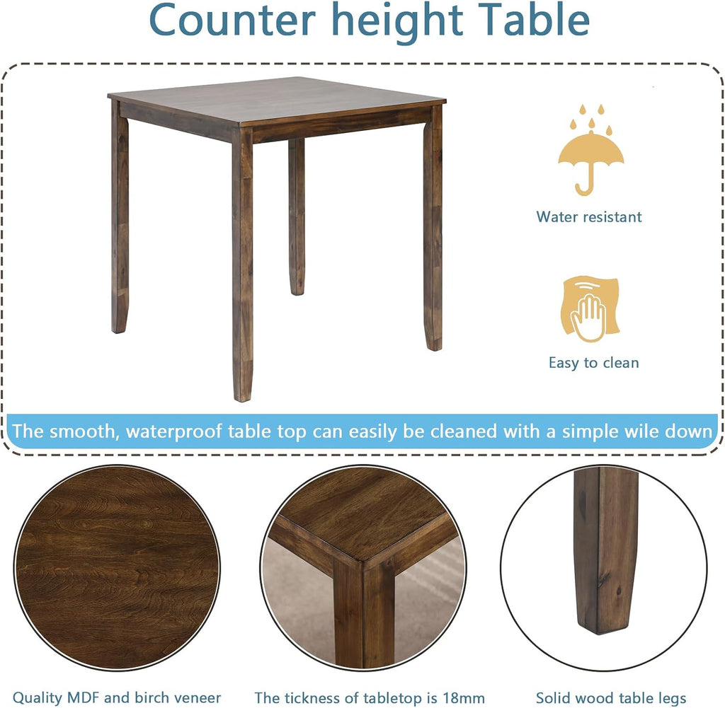 KEIKI 5-Piece Counter Height Dining Table Set with Square Table and 4 Upholstered X-Shaped Backrset Chair, for 4 Person, Modern Style Wooden Table Set, Easy Assembly, for Kitchen, Dining Room, Walnut
