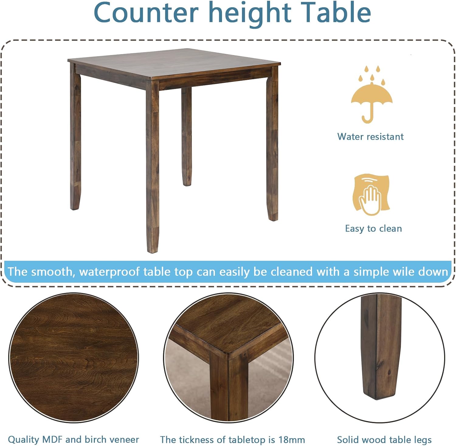 KEIKI 5-Piece Counter Height Dining Table Set with Square Table and 4 Upholstered X-Shaped Backrset Chair, for 4 Person, Modern Style Wooden Table Set, Easy Assembly, for Kitchen, Dining Room, Walnut