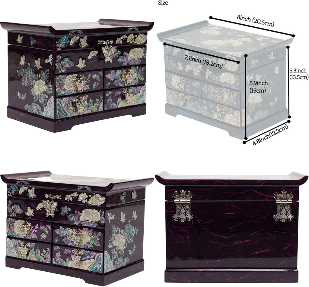February Mountain Mother of Pearl Wooden Jewelry Organizer Box – Jewelry Storage Box for Women, Features Spacious Drawers, Ideal for Rings, Bracelets, Watches, Chains, Accessories (Peony_Purple)