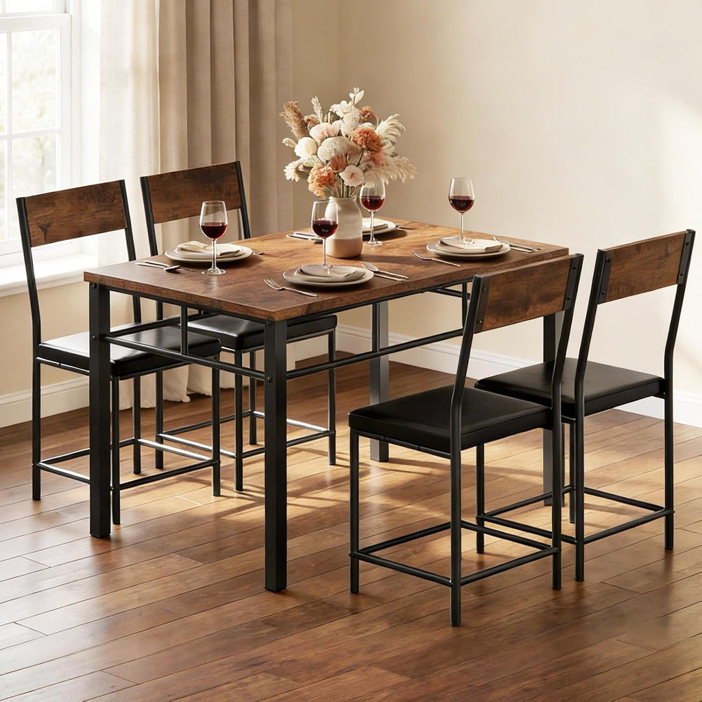 Dining Table Set for 4, Wood Industrial Style Kitchen Table with Upholstered Chairs, Kitchen Table and Chairs Set, Space-Saving Dining Room Set for Breakfast Nook and Small Spaces, Rustic Brown