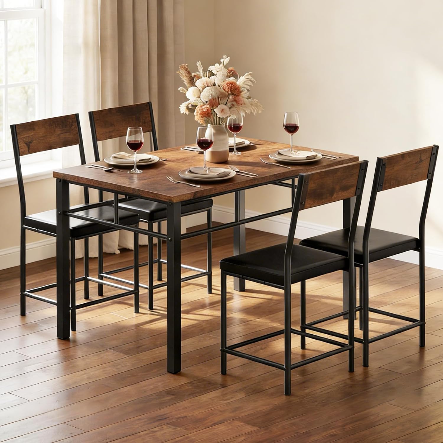 Dining Table Set for 4, Wood Industrial Style Kitchen Table with Upholstered Chairs, Kitchen Table and Chairs Set, Space-Saving Dining Room Set for Breakfast Nook and Small Spaces, Rustic Brown