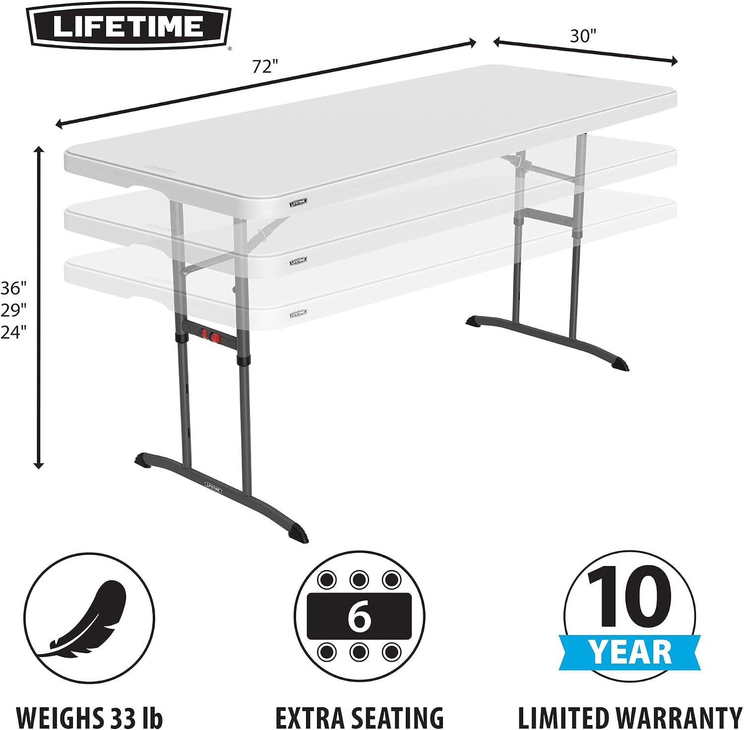 Lifetime 6-Foot Adjustable Height Nesting Table, Commercial, White Granite
