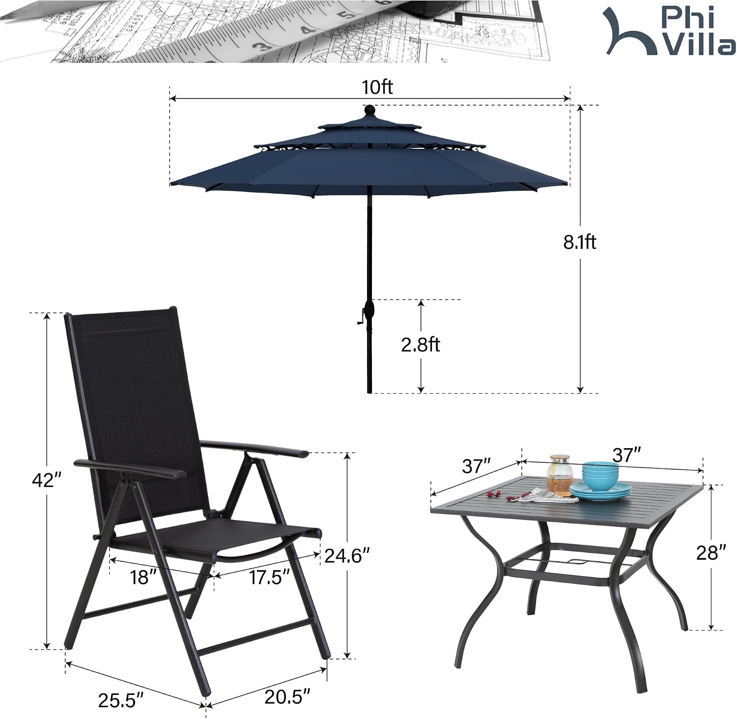PHI VILLA 6 Piece Outdoor Dining Set with 10ft Umbrella (Navy Blue), Patio Table and Chairs for 4 with Lightweight Folding Chairs & Metal Square Table for Yard, Garden and Deck (No Umbrella Base)