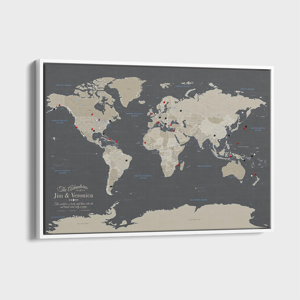 Earth Tone World Map with Pins – Personalized Canvas Push Pin Map – Framed World Travel Wall Decor – White Float Frame – 24' x 36'