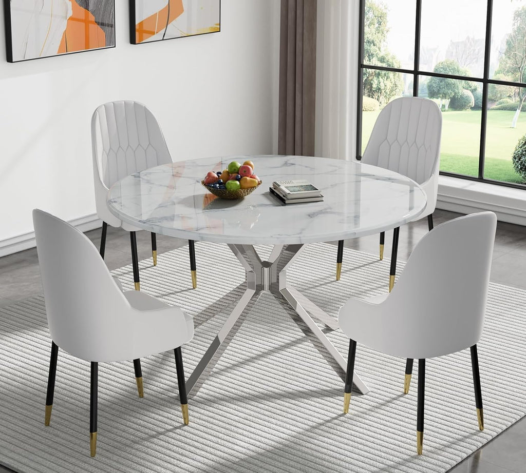 White Round Marble Dining Table with Silver Stainless Steel Leg, 45.28' Small Circle Marble Kitchen Table for 2-4 Person, Mid Century Modern Dining Table for Dining Room Kitchen Living Room