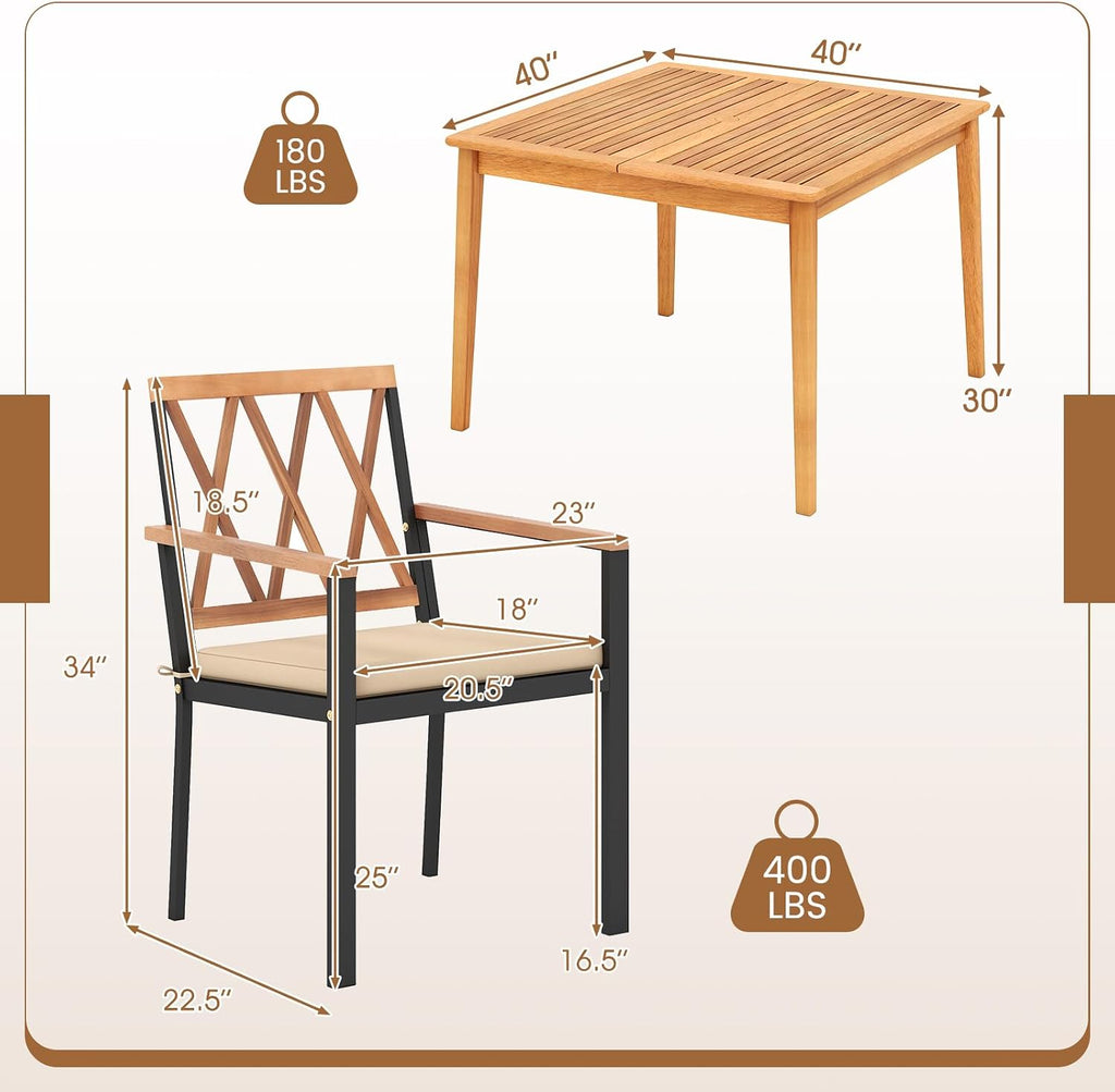 Tangkula 5 Piece Wood Outdoor Dining Set for 4, Rectangular Patio Acacia Wood Table Set with 4 Cushioned Chairs, Umbrella Hole, Heavy Duty Metal Frame for Deck Porch Backyard