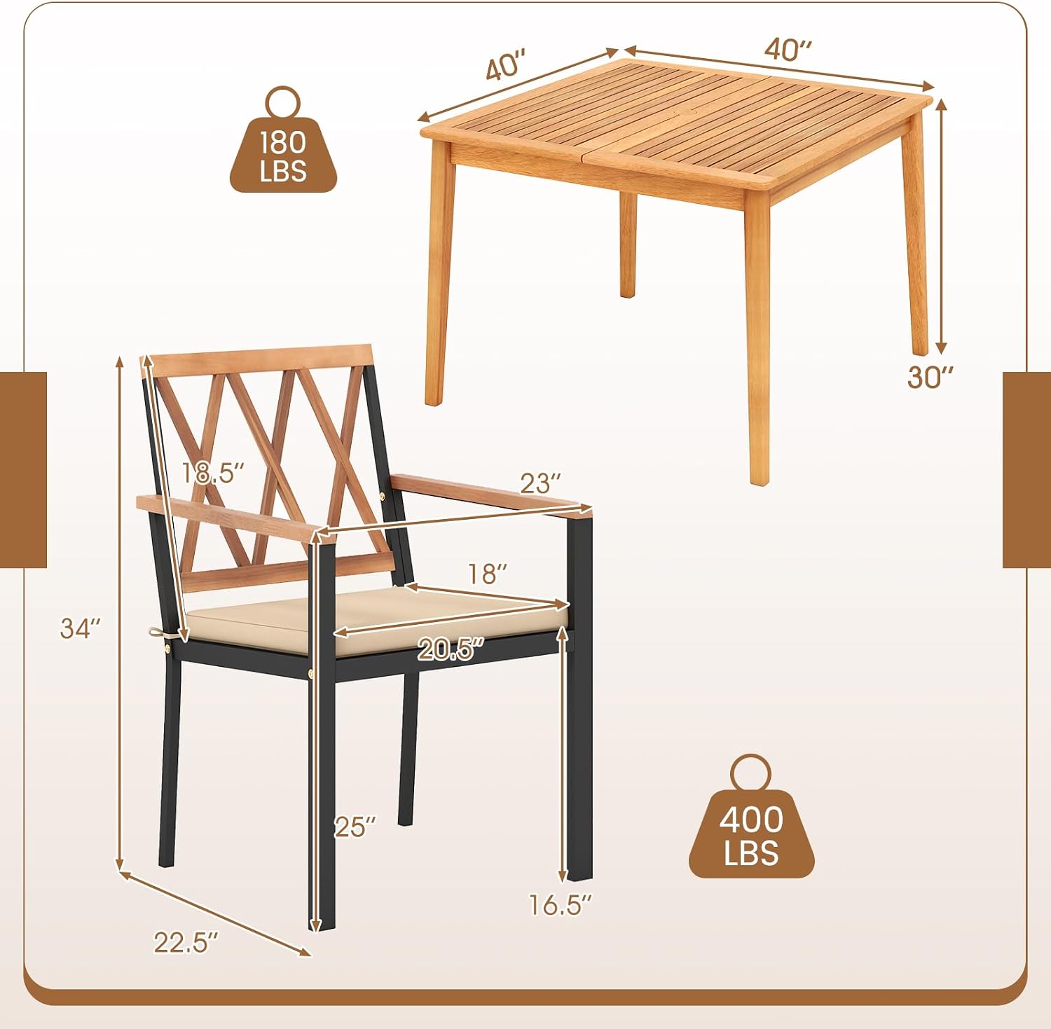 Tangkula 5 Piece Wood Outdoor Dining Set for 4, Rectangular Patio Acacia Wood Table Set with 4 Cushioned Chairs, Umbrella Hole, Heavy Duty Metal Frame for Deck Porch Backyard