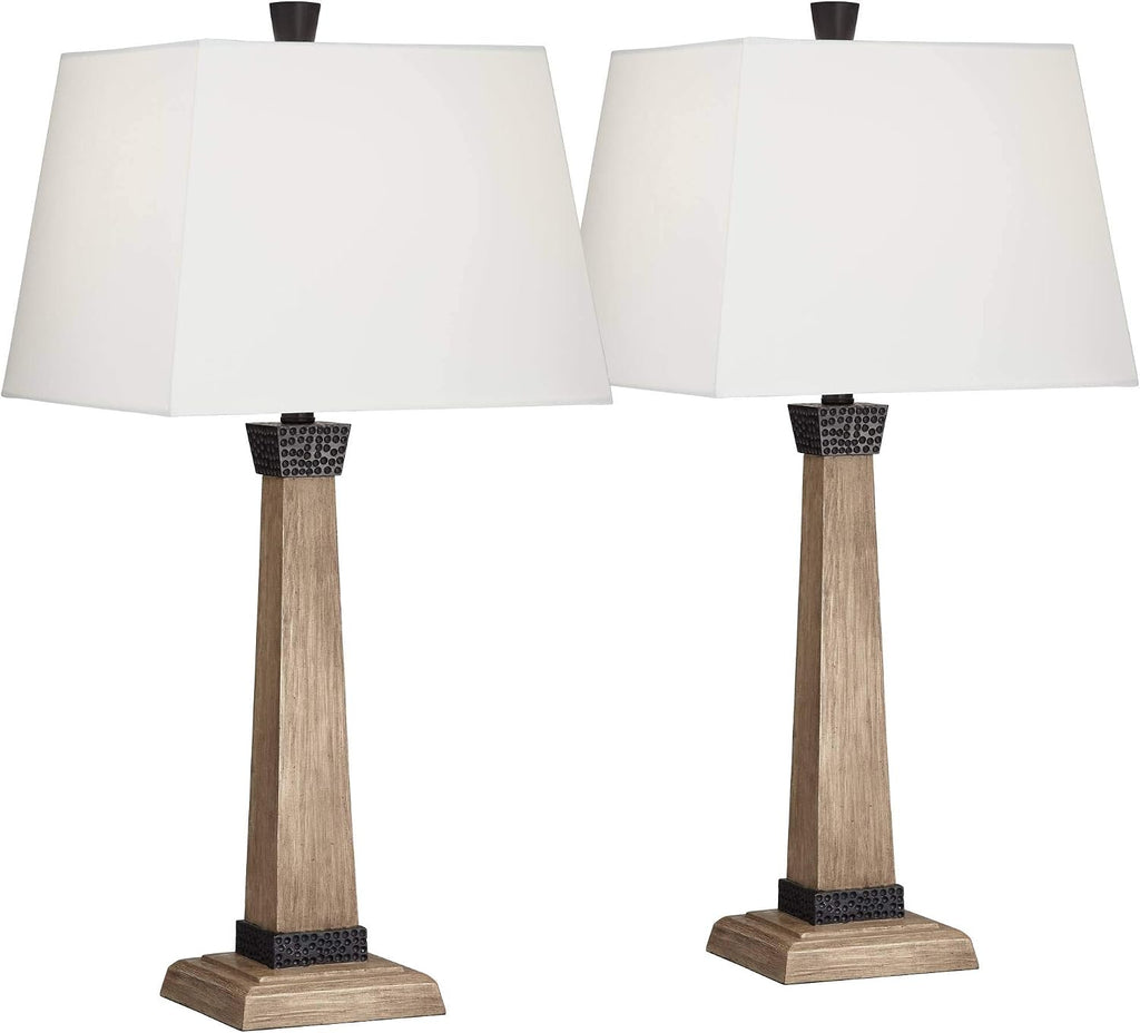 John Timberland Buchan 29 1/2' Tall Pedestal Farmhouse Rustic Country Cottage End Table Lamps Set of 2 Brown Wood Finish Oatmeal Shade Living Room Bedroom Bedside Nightstand House Office Home
