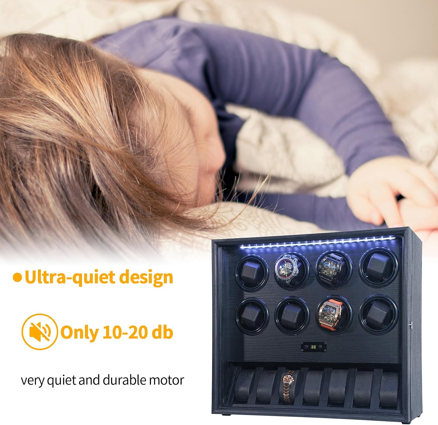 Watch Winder for 2/4/6/8 Automatic Watches, Watch Rotator for Rolex 15 Rotation Modes Display Box White Light, Watches Winder Case with USB-C Adapter, Present for Men Quiet Mabuchi Motor(≤5db)