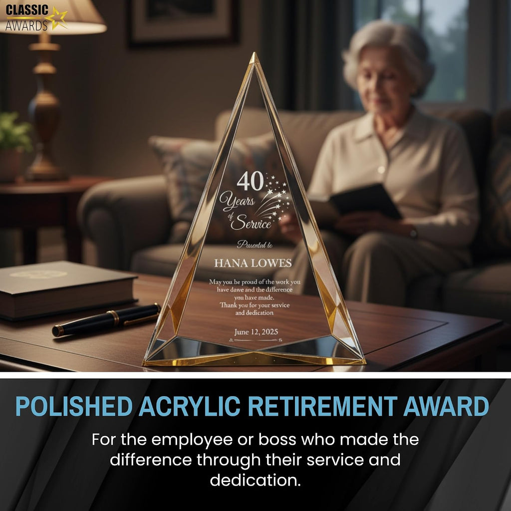 Personalized Acrylic Retirement Gifts For Men and Women, Laser Engraved Custom Trophy for Service Recognition, Years Of Service Retirement Trophy Award for Boss, Employee, Teacher (Gold Pinnacle)