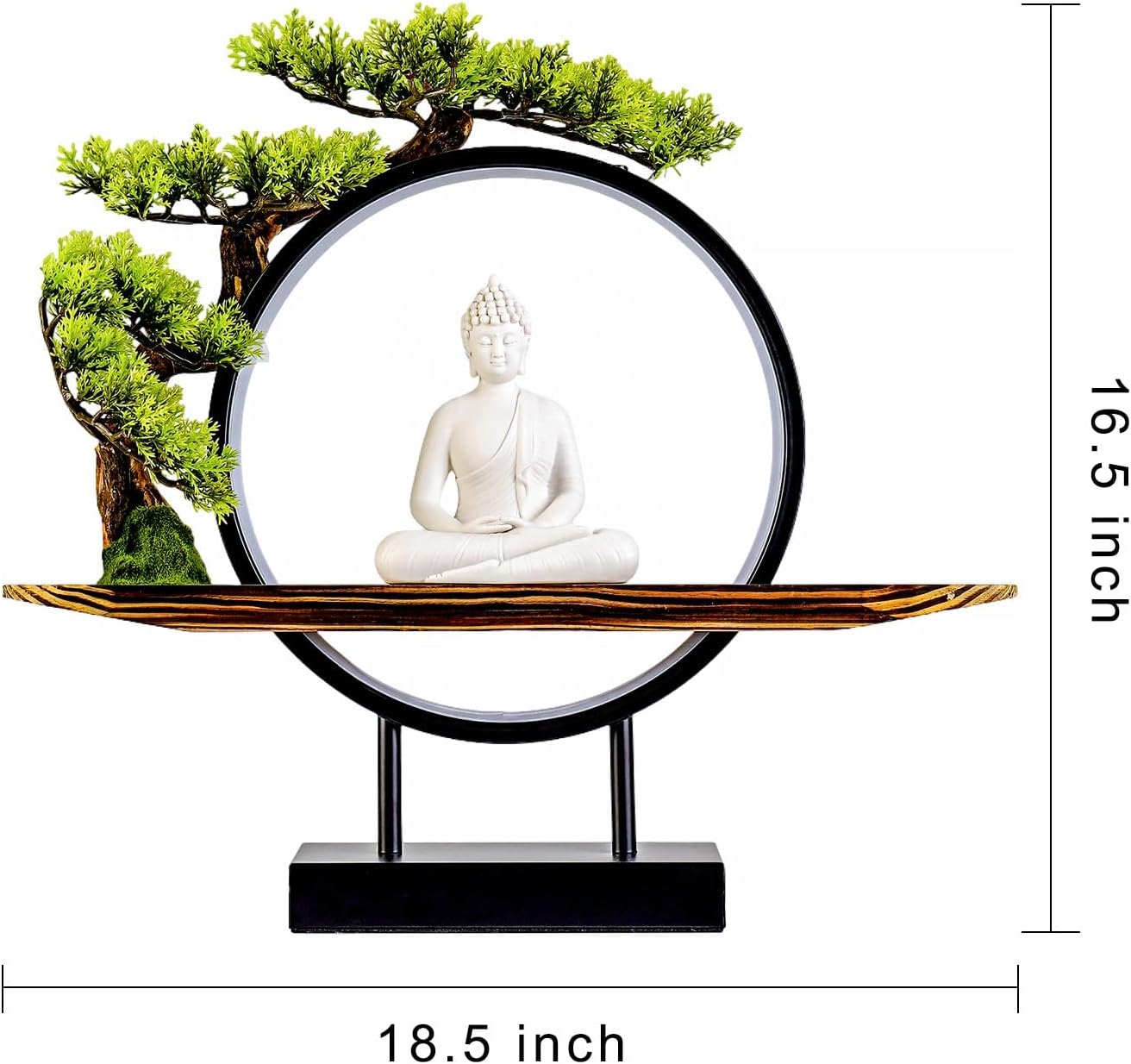 Houlu White Buddha Statue with Green Artificial Tree and LED Circle Table Lamp, Indoor Ceramic Buddha Statues for Home Decor, 16.5 in