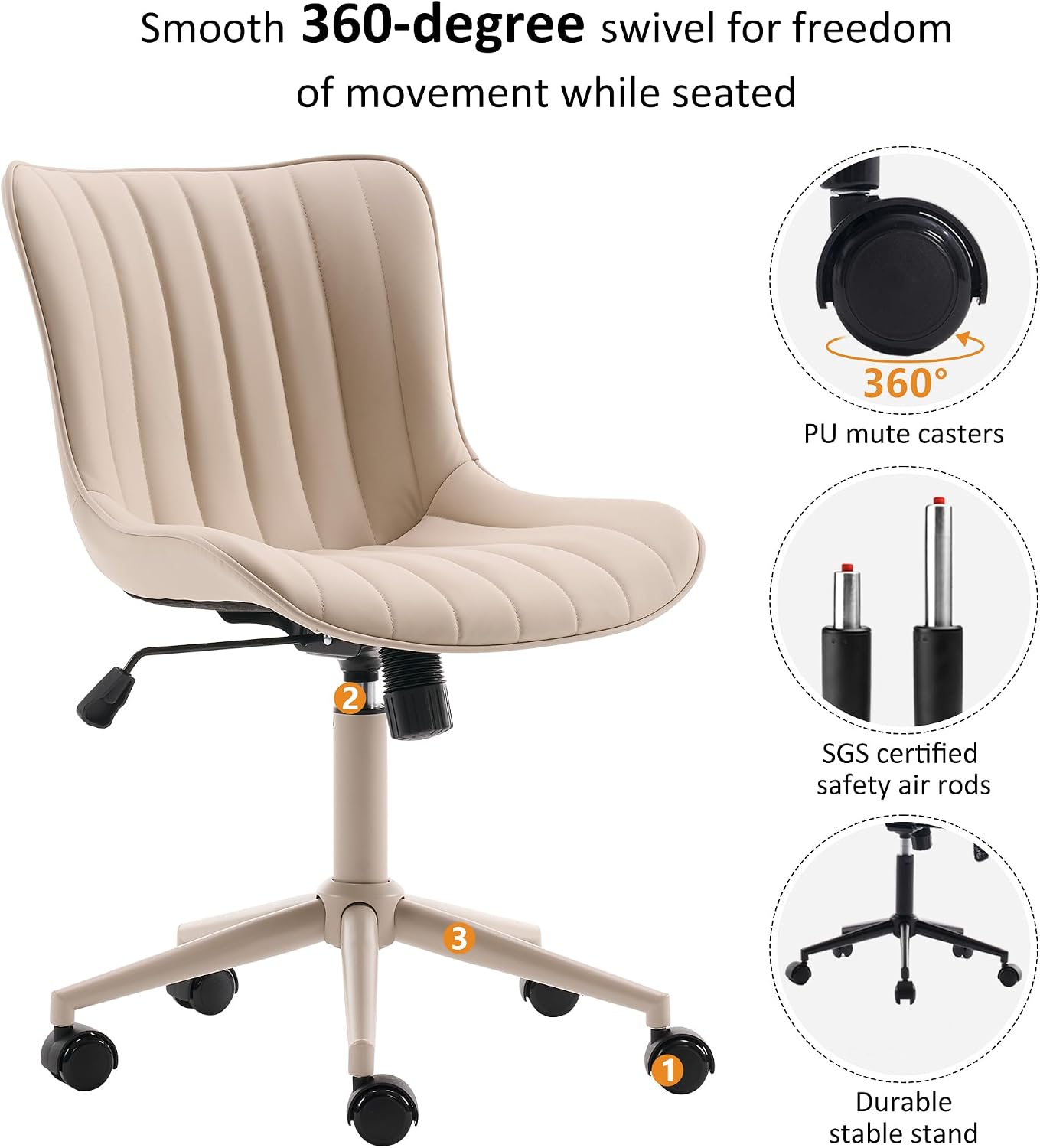 YOUNIKE Home Office Desk Chair with Wheels Armless Vanity Chair with Back Comfy Modern Leather Upholstered Rolling Task Chair Swivel Small Cute Sewing Chair No Arms Wide Adjustable Ergonomic Cream