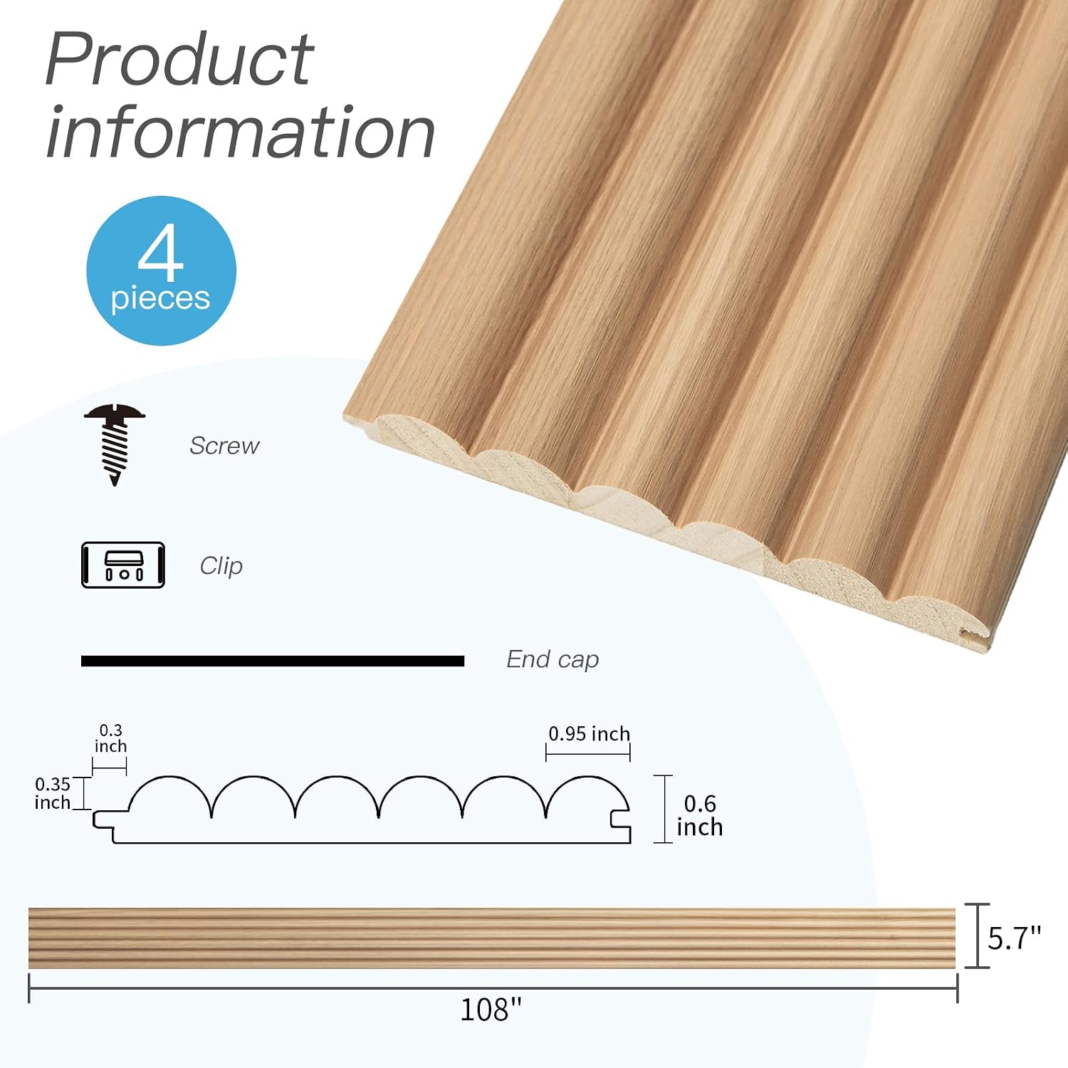 Art3d Fluted Wood Panel - 108 x 5.7 x 0.7in for Wall & Ceiling, Beaded Accent Molding for Home Decoration, Pack of 4pcs + 1pc End-Trim, Beaded Oak