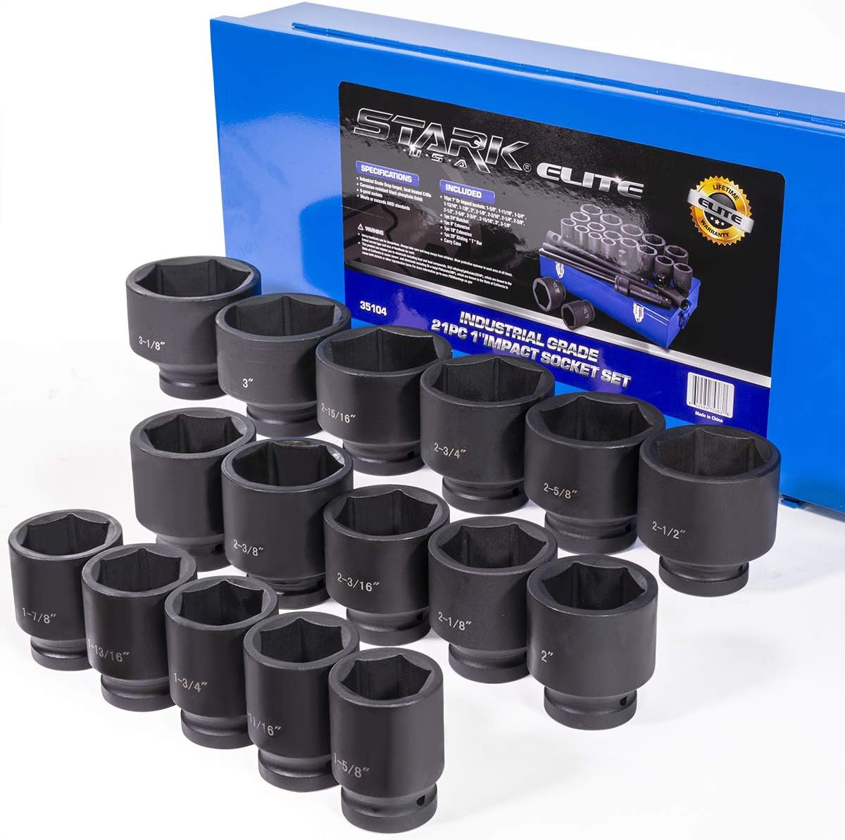 Stark USA Premium 21-Pieces SAE Jumbo Impact Socket Set 1' inch Drive Extension Bar Cr-Mo 6-Point Socket with Carrying Case