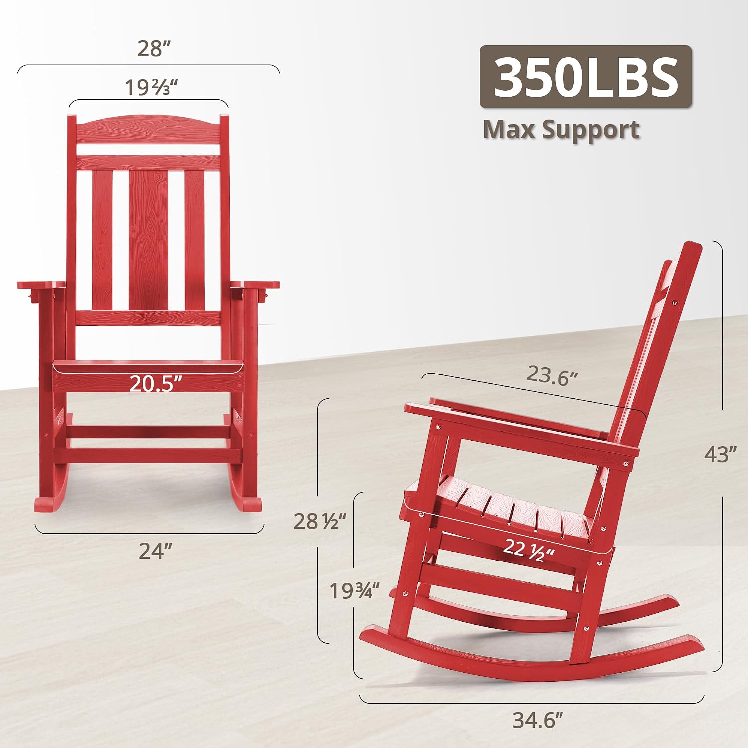 LUE BONA Rocking Chair Outdoor, Weather Resistant Poly Plastic Rocker Chairs, 350lb Heavy Duty, Oversized Porch Rocker for Adult, High Back Smooth Rocking Chairs for Outdoor & Indoor, Bright Red