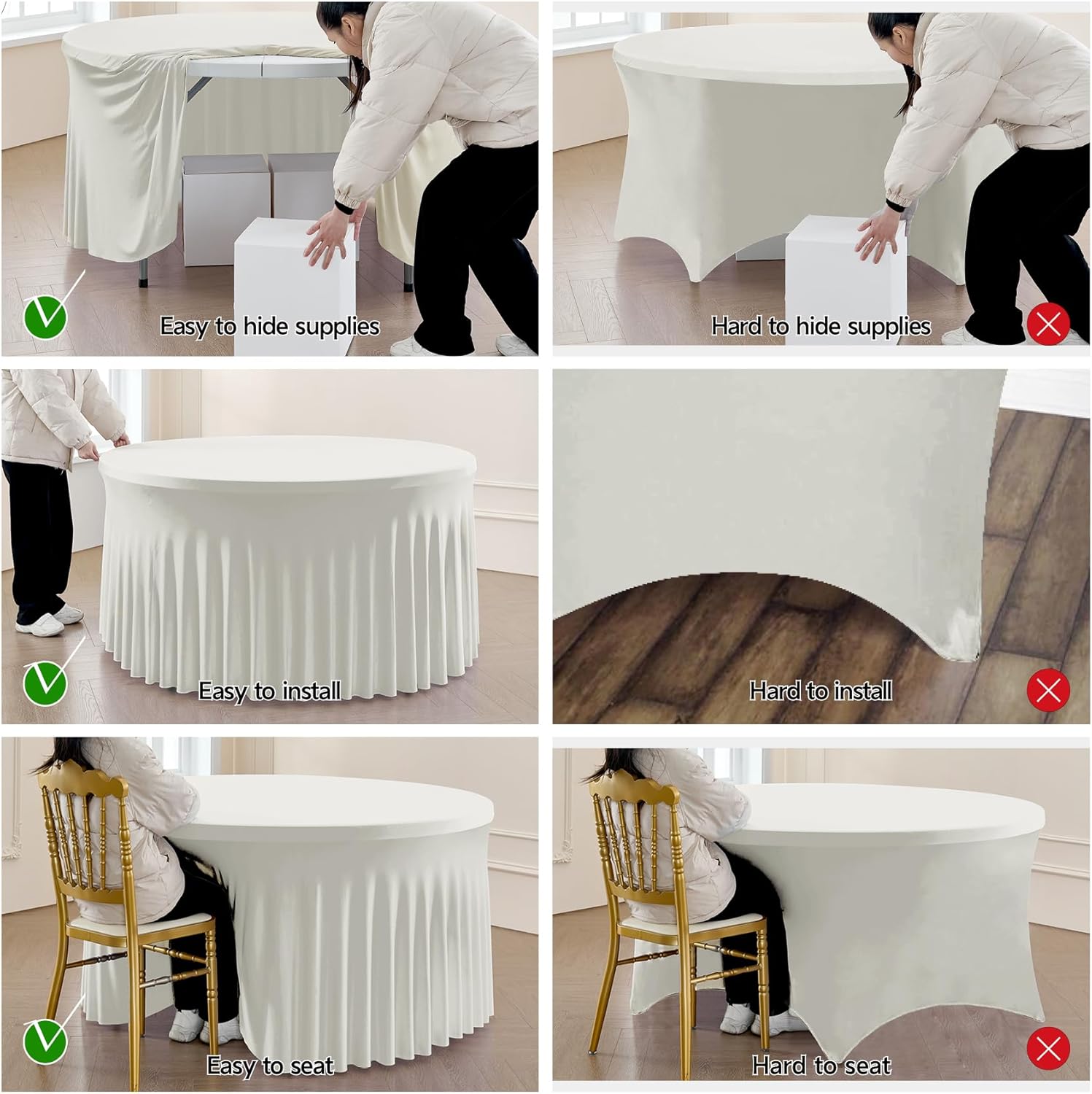 Outpain 8 Pack Ivory 72inch Spandex Round Tablecloths, Stretchy 132inch Fitted 6FT Round Table Cloths, Wrinkle Free Table Cover with Skirt for Wedding Party Dining Banquet