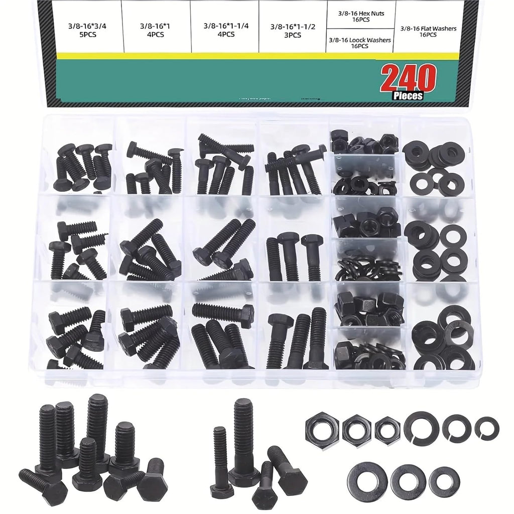 Bolt and Nut Set 240Pcs Grade 8 Hex Black Flat Screws with Nuts Washers Assortment Kit for Equipment Repair
