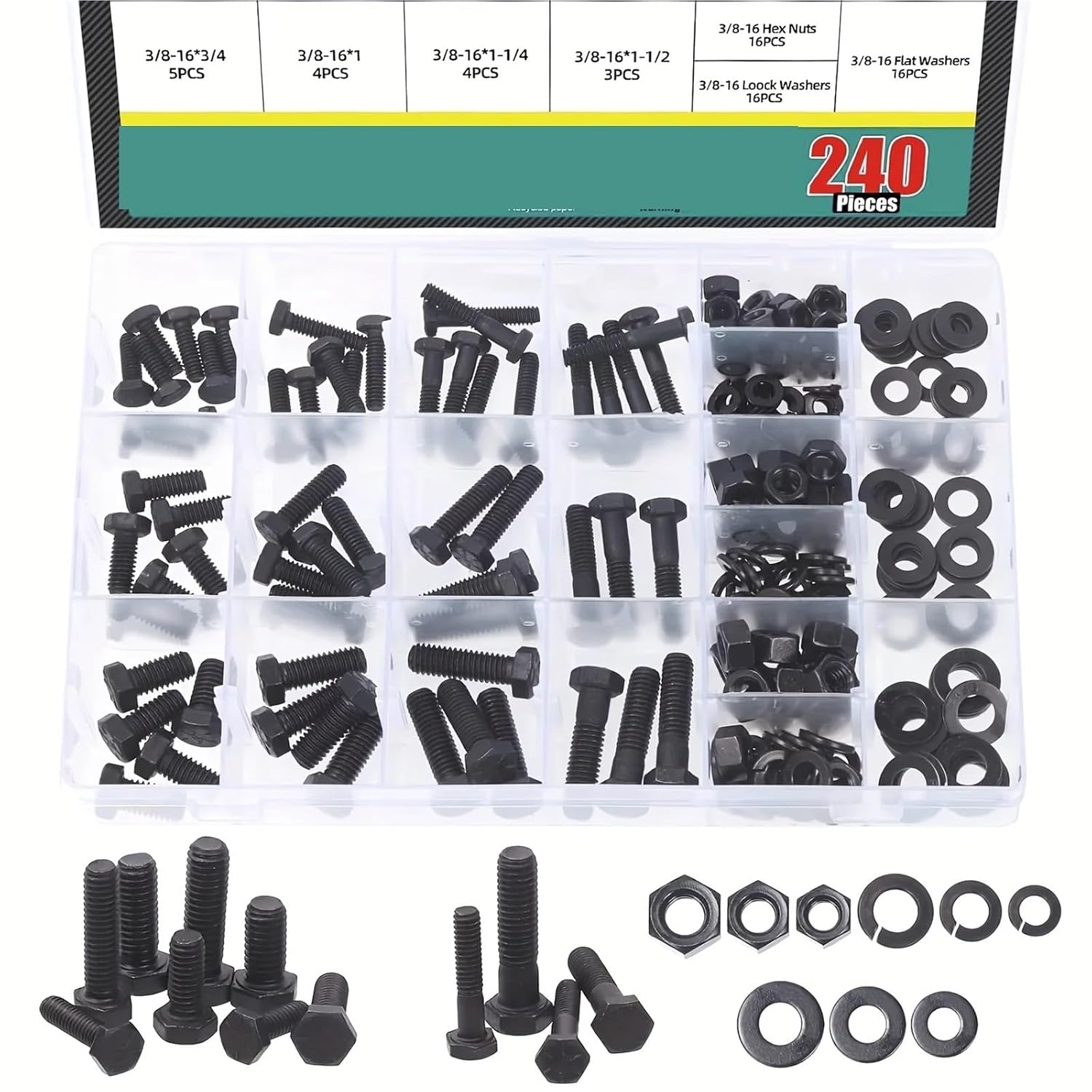 Bolt and Nut Set 240Pcs Grade 8 Hex Black Flat Screws with Nuts Washers Assortment Kit for Equipment Repair