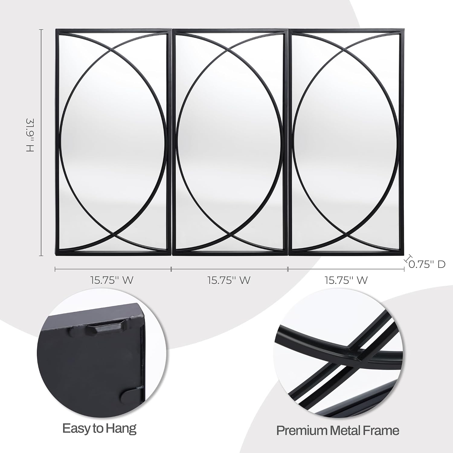 LuxenHome 3 Pieces Black Metal Rectangular Wall Mirror Set Large Vanity Mirror for Bedroom, Black Accent Metal Entryway Wall Mirror, Wall Mounted Mirror Living Room Wall Decor