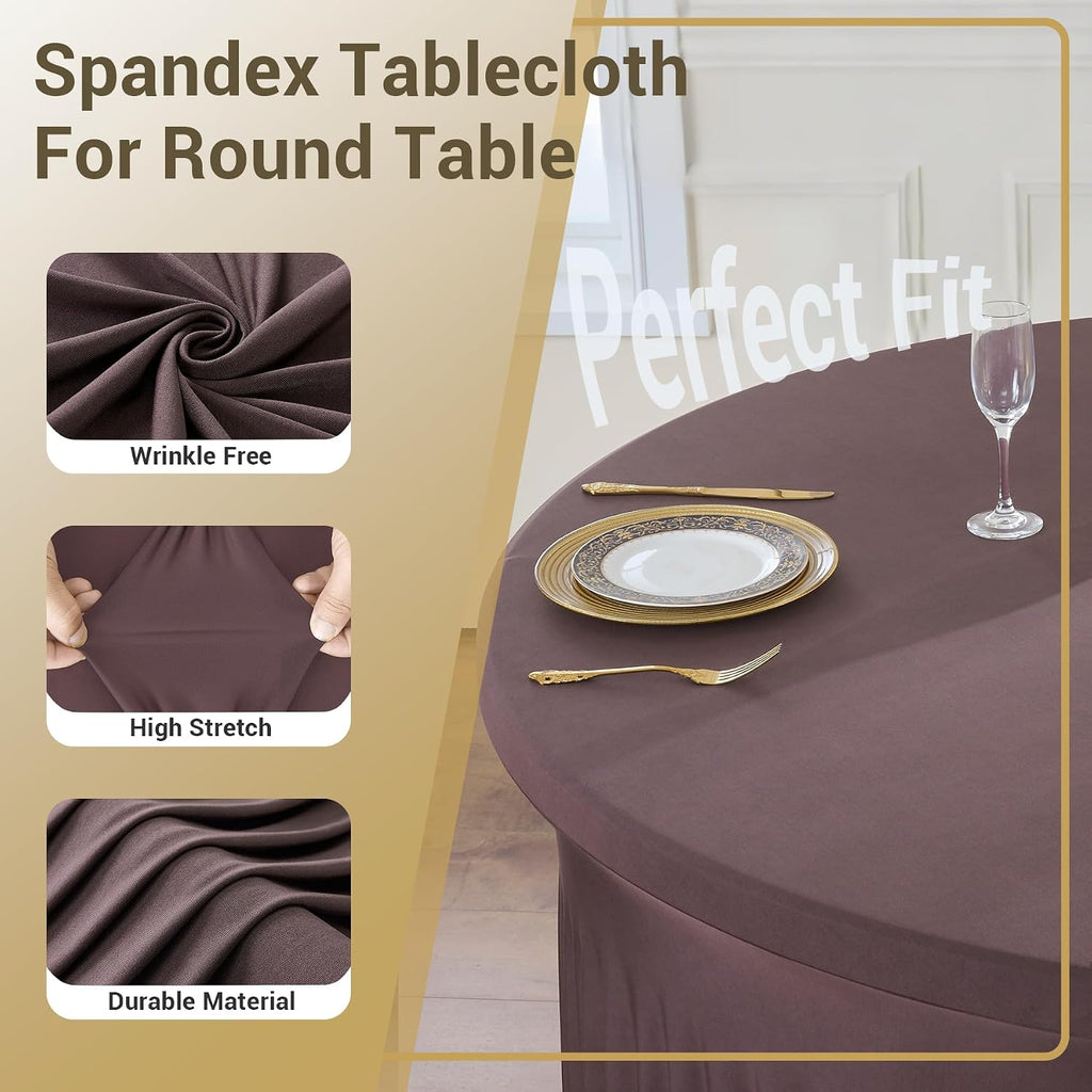 Outpain 6 Pack Brown Spandex Tablecloth for 60in/5FT Round Tables,Stretchy 120inch Fitted Round Table Cloths, Wrinkle Free Tablecloth with Skirt for Wedding, Graduation & Banquet