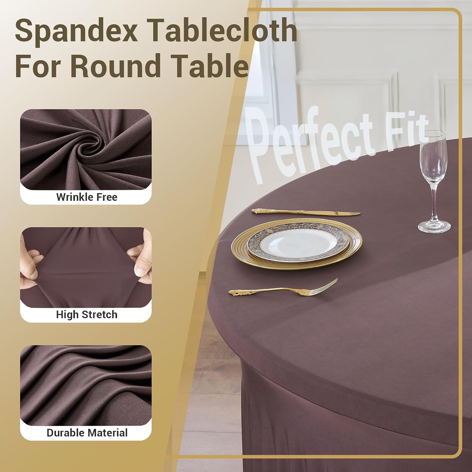 Outpain 6 Pack Brown Spandex Tablecloth for 60in/5FT Round Tables,Stretchy 120inch Fitted Round Table Cloths, Wrinkle Free Tablecloth with Skirt for Wedding, Graduation & Banquet