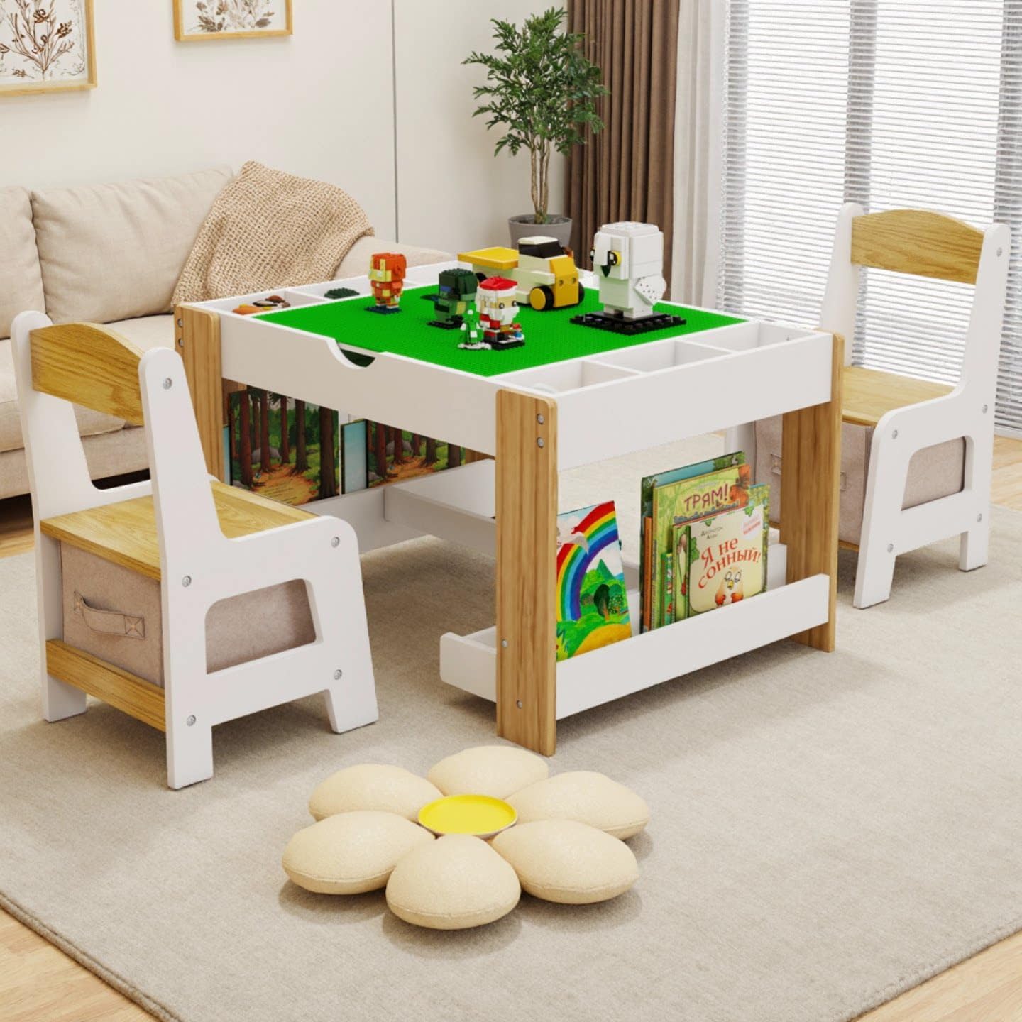 3 in 1 Play Table & 2 Chairs Set, Gaming Table with 7 Storage Compartments Compatible with LEGO Building Block, Modern Activity Learning Table Game Furniture, White+Green